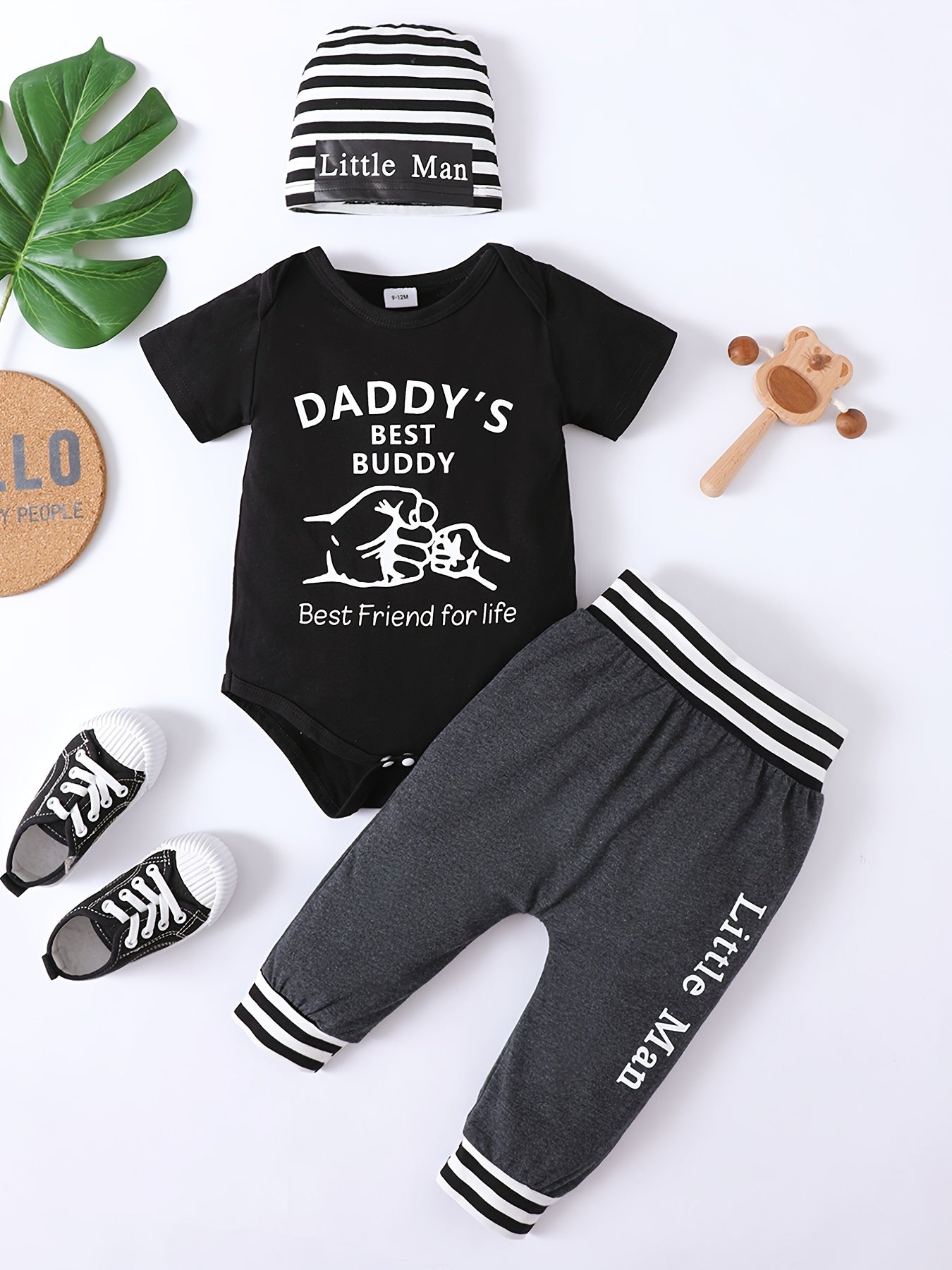 3pcs Baby Boys Cute "Daddy's Best Buddy/LIL KING/LIL BRO" Short Sleeve Onesie Romper & Pants & Hat Set, Kids Clothes