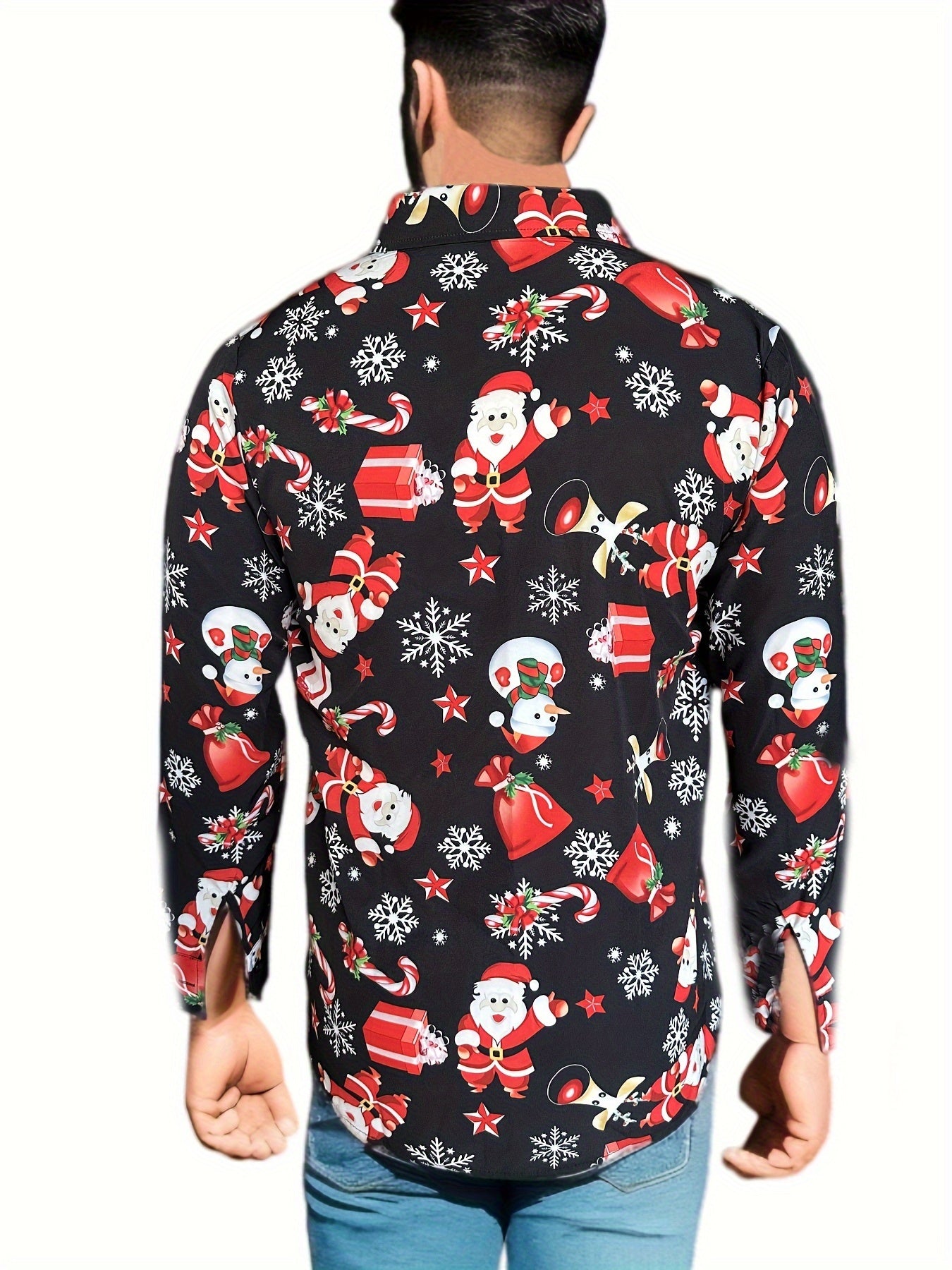 Christmas Lovely Cartoon Full Print Men's Long Sleeve Button Up Shirt, Spring Fall, Party Costume