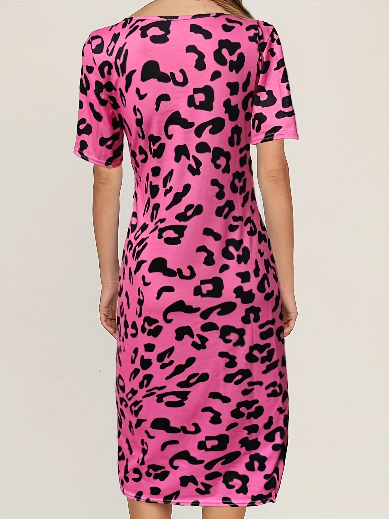 Leopard Print Split Dress, Boho Crew Neck Short Sleeve Bodycon Dress, Women's Clothing
