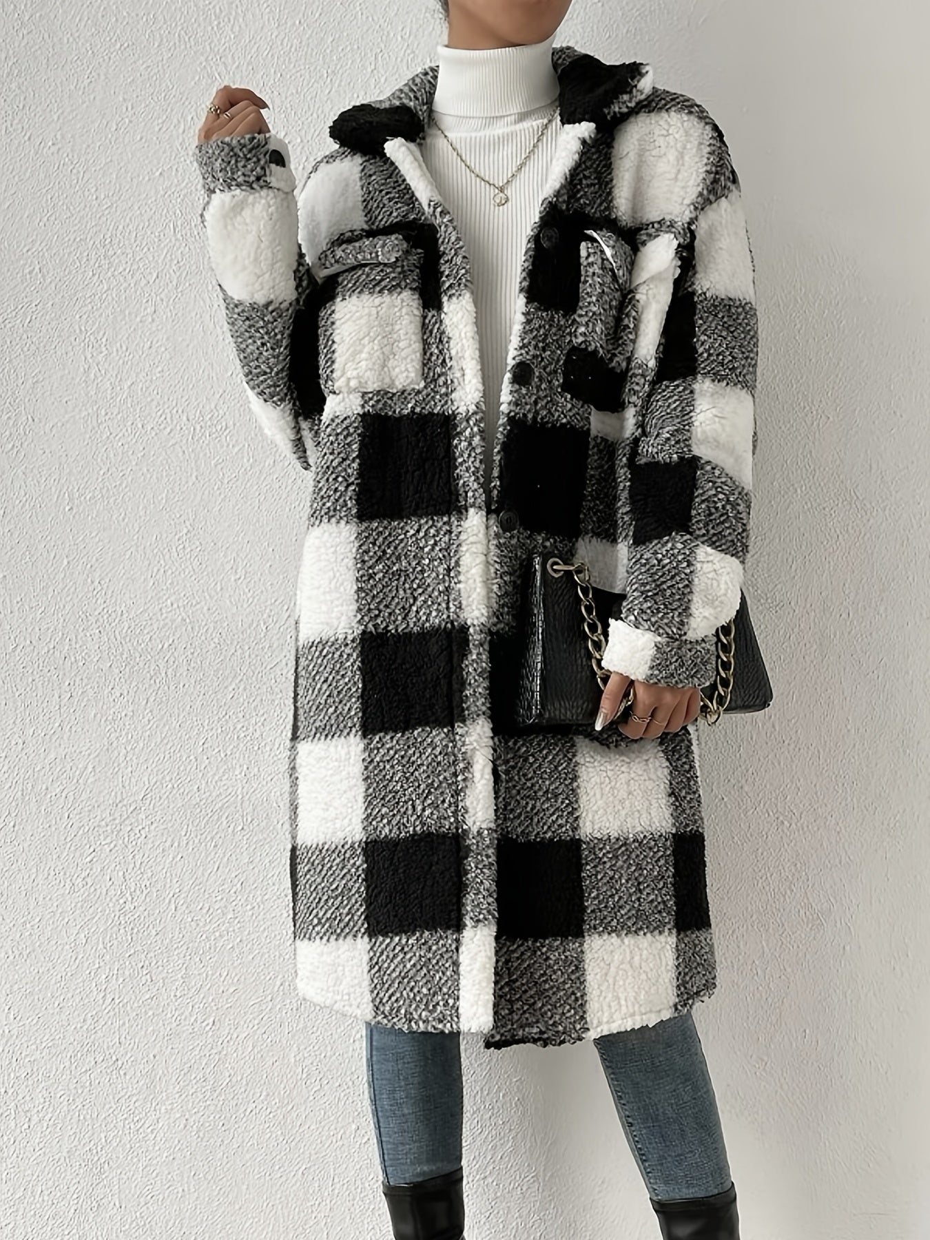 Plaid Pattern Teddy Coat, Casual Button Front Long Sleeve Outerwear, Women's Clothing