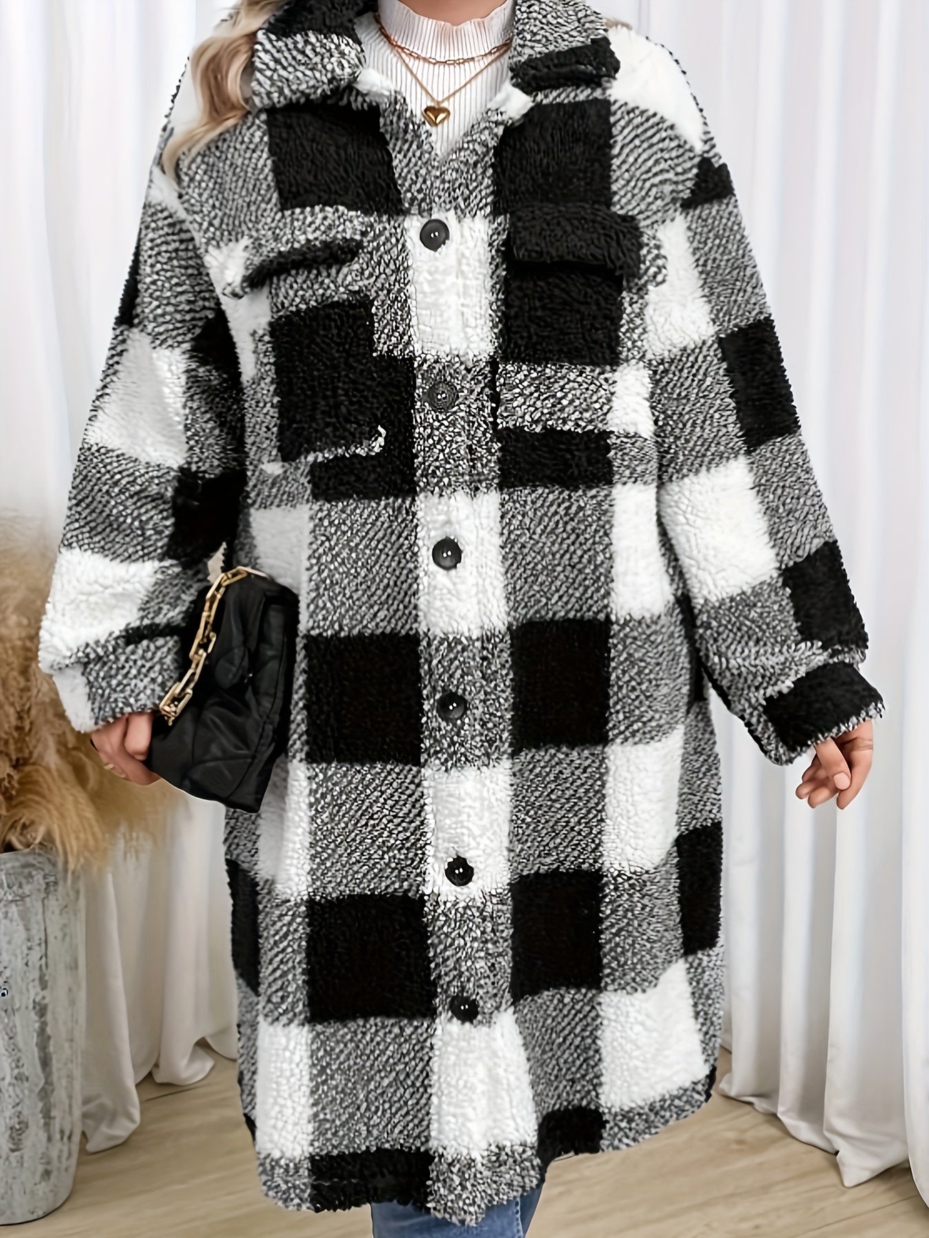 Plus Size Casual Coat, Women's Plus Plaid Print Teddy Fleece Long Sleeve Button Up Lapel Collar Longline Coat