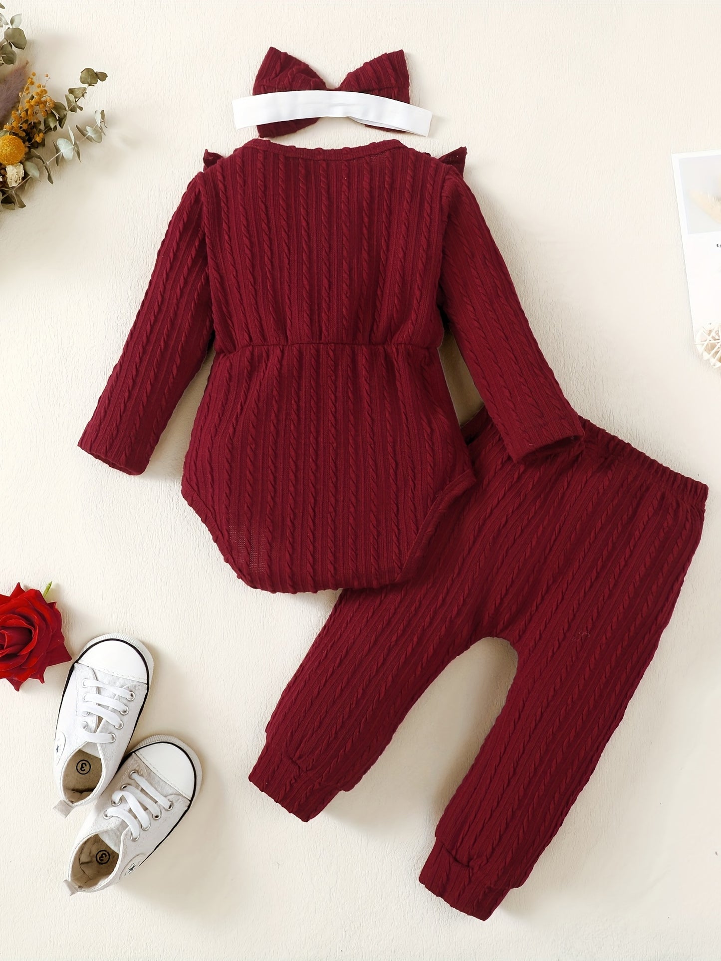 Baby Girls Simple Ruffled Long Sleeve Romper Top Pants Set For Spring And Autumn