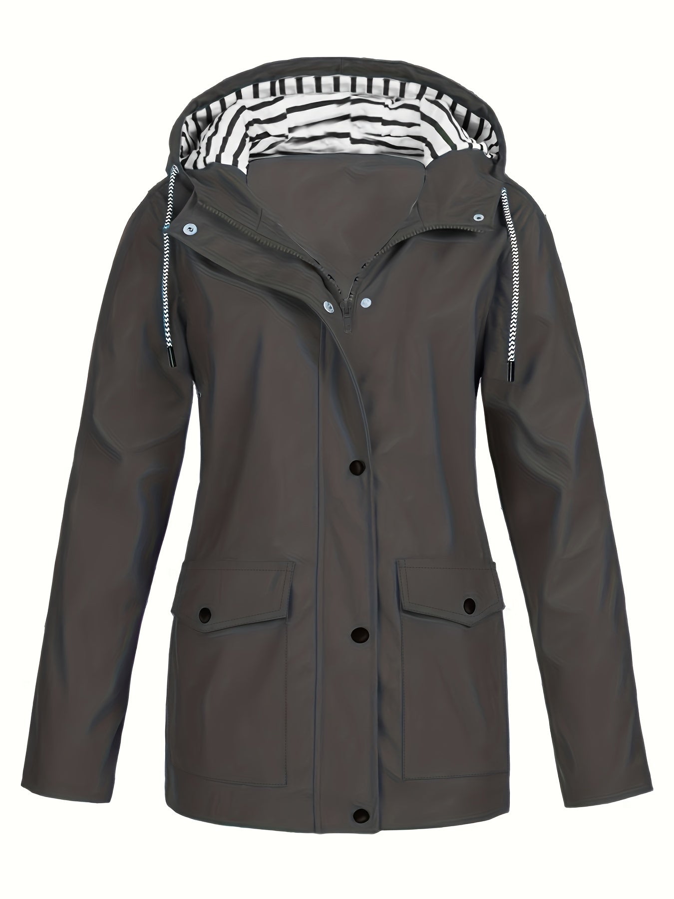 Plus Size Sporty Coat, Women's Plus Solid Long Sleeve Hooded Drawstring Zip Up Snap Button Waterproof Sportswear Coat With Flap Pockets