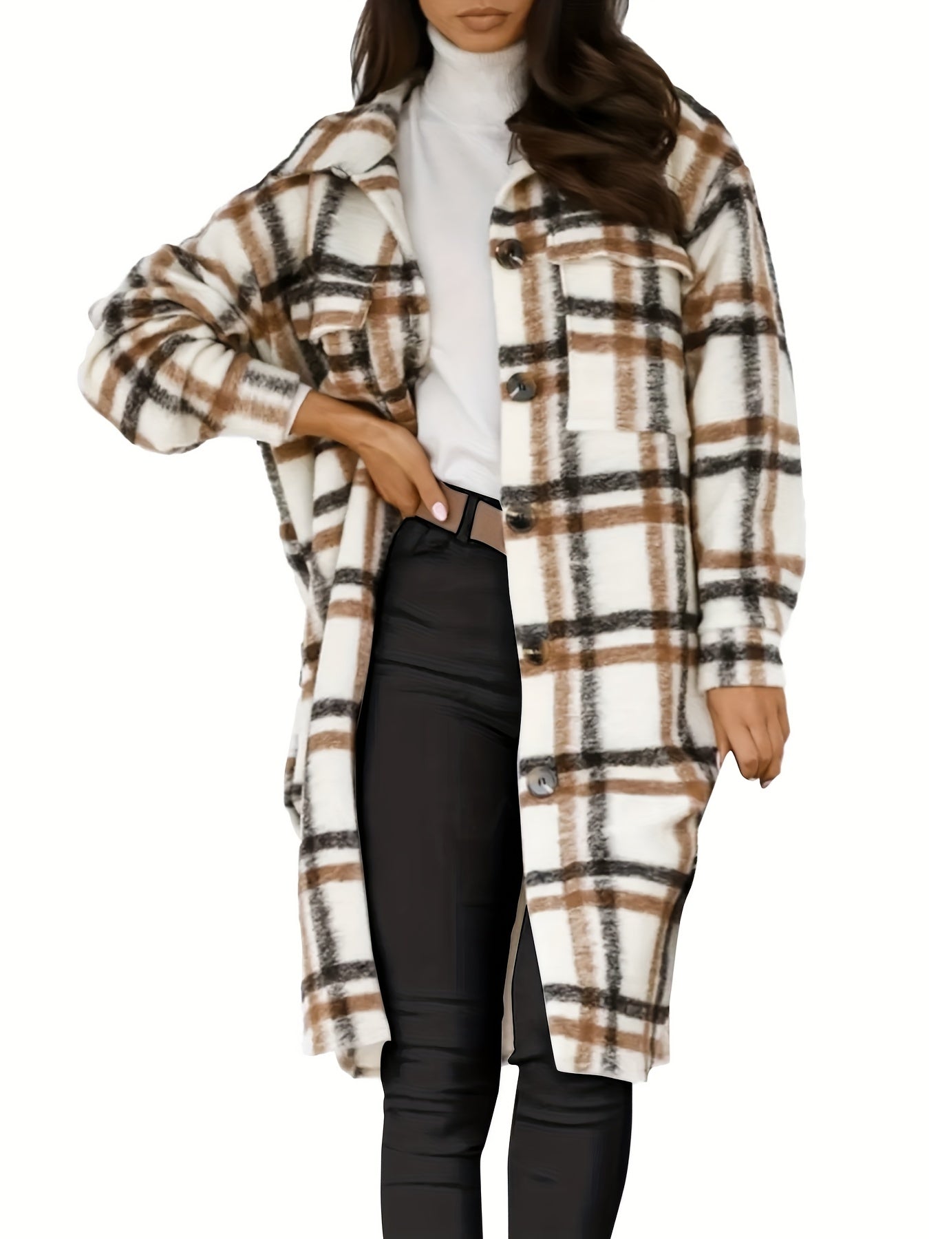 Plaid Print Shacket Jacket, Casual Button Front Turn Down Collar Long Sleeve Mid Length Outerwear, Women's Clothing