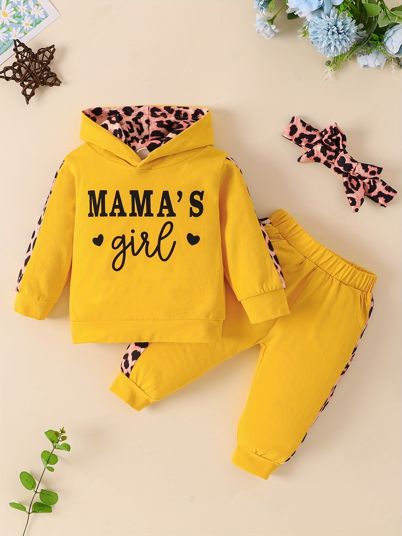 3pcs Baby Girls Casual  Hoodie Set, Leopard Print Long Sleeve Hooded Sweatshirt & Pants & Headband Set