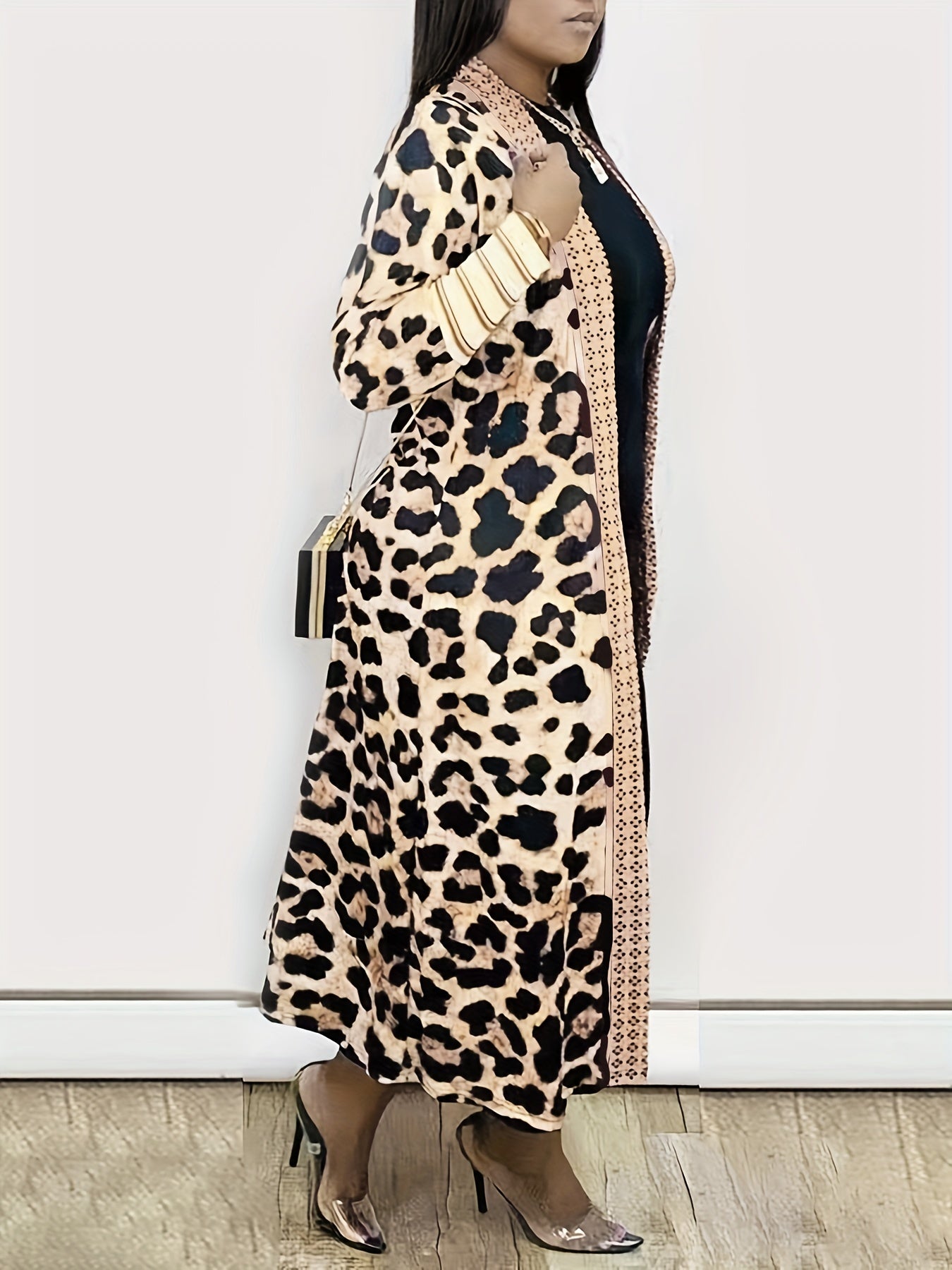 Plus Size Longline Leopard Print Colorblock Cardigan Coat, Women's Plus Slight Stretch Elegant Coat