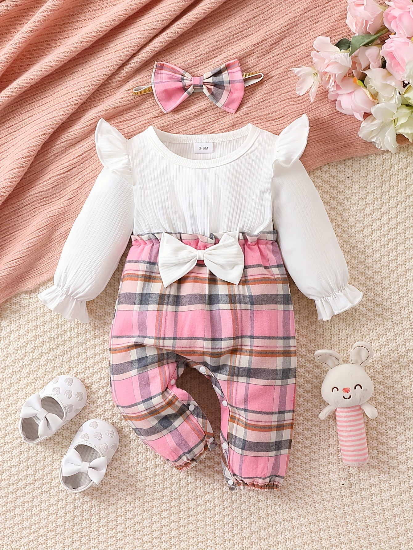 2pcs Baby Girls Ruffle Long-sleeved Bow Checkered Jumpsuit + Checkered Bow Headband Set