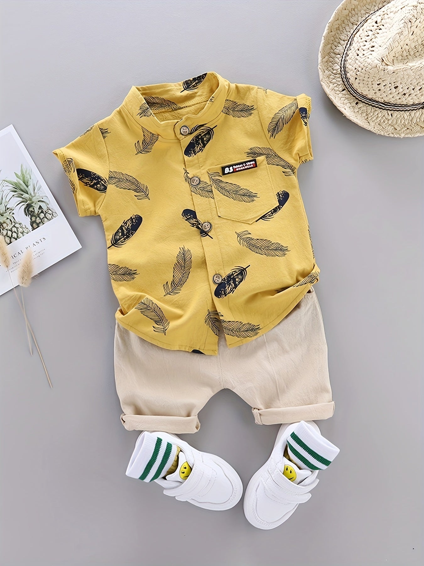 2pcs Baby Boys Casual Feather Pattern Short Sleeve Shirt & Shorts Set Clothes