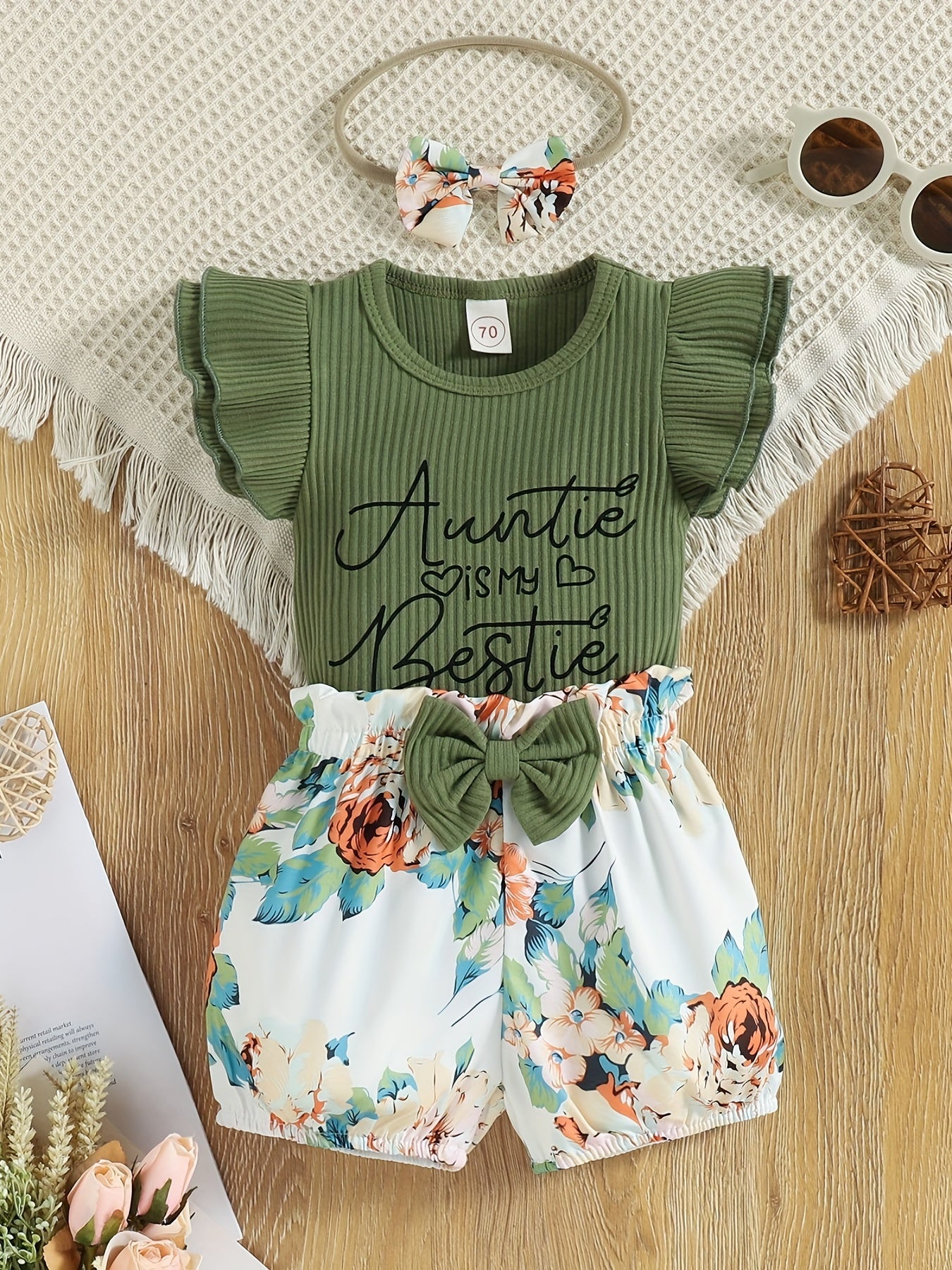 3pcs Baby Infant Girls Cute "Auntie Is My Bestie" Ruffle Sleeve Onesie & Bowknot Floral Shorts & Headband Set Clothes