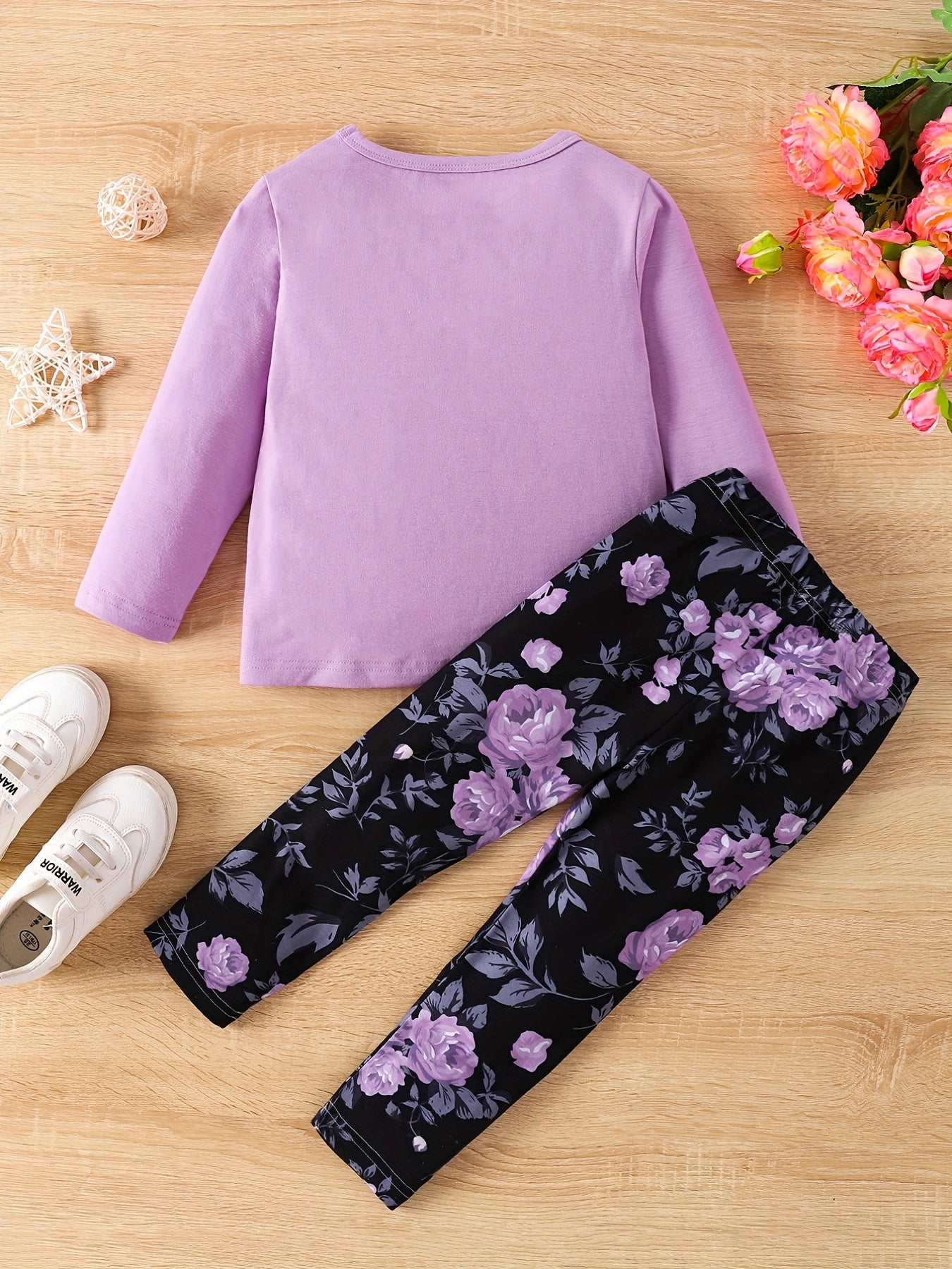 Girl's Floral Pattern Outfit 2pcs, Long Sleeve Top & Leggings Set, LITTLE PRINCESS Print Kid's Clothes For Spring Fall