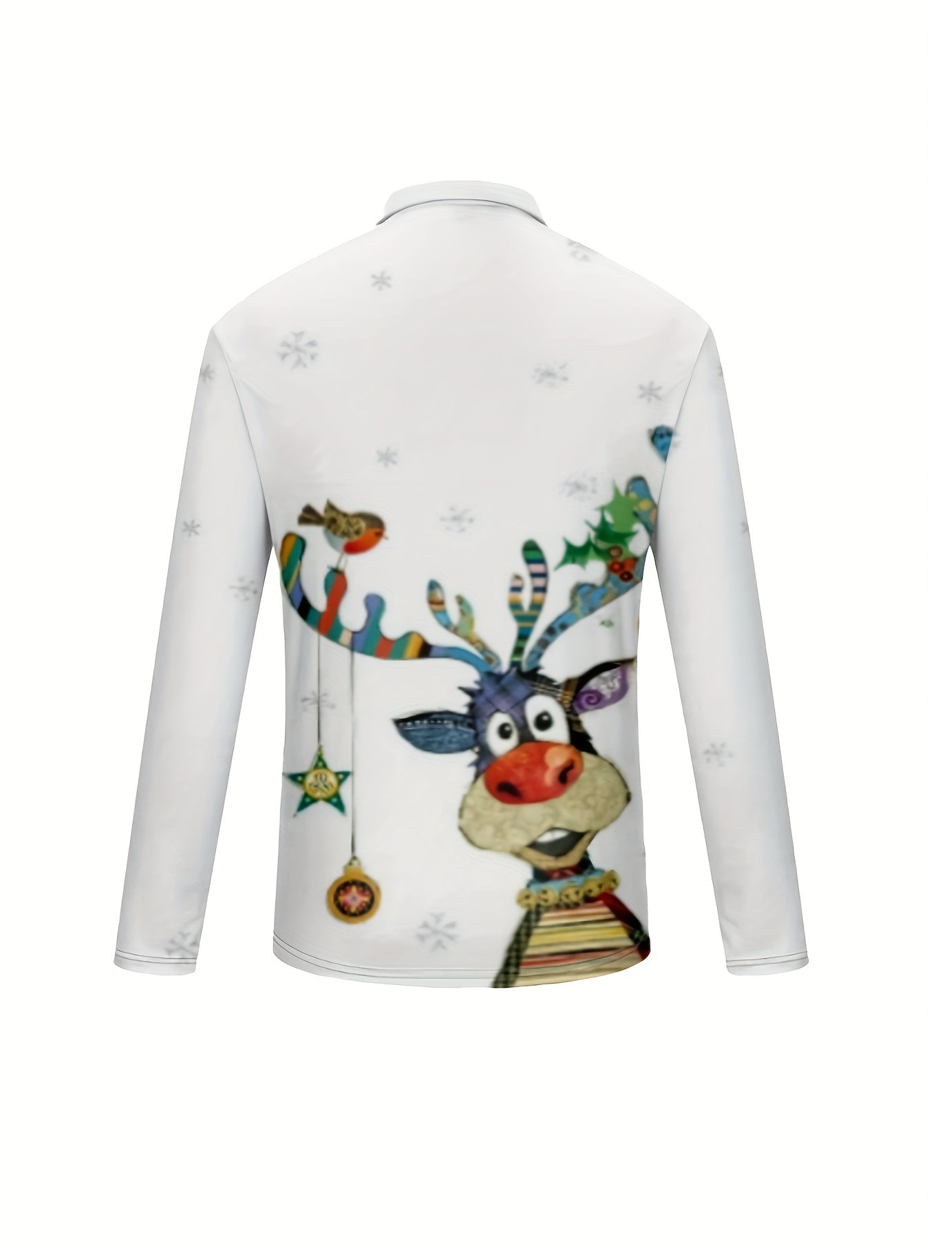 Cartoon Christmas Deer 3D Print, Men's Trendy Long Sleeve Zipper Shirt, Gift For Men