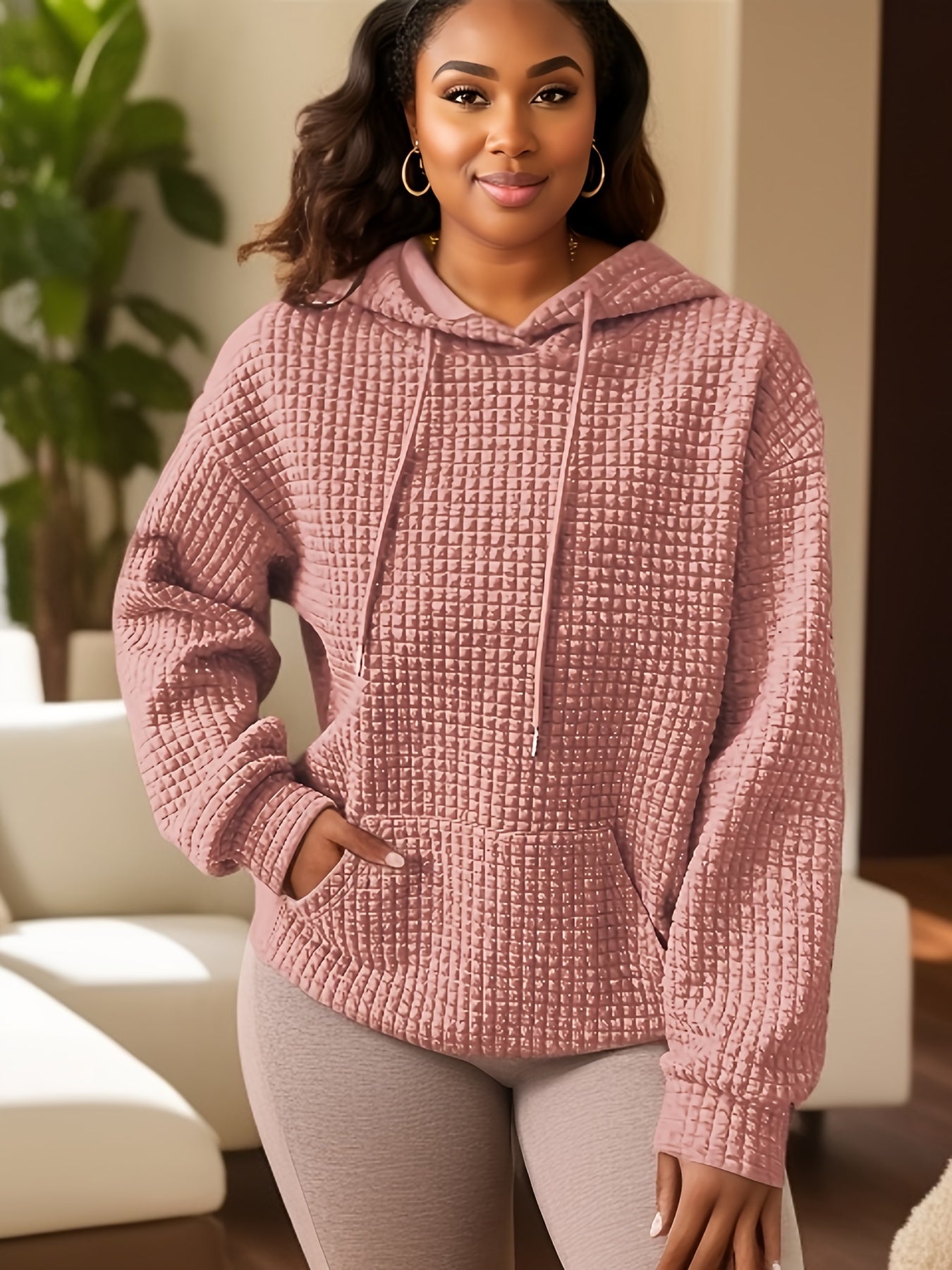 Plus Size Casual Sweatshirt, Women's Plus Solid Waffle Knit Long Sleeve Drawstring Hoodie With Giant Pocket