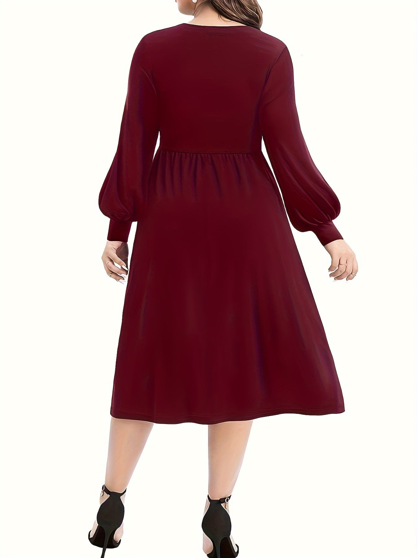 Plus Size Elegant Dress, Women's Plus Solid Twist Front Lantern Sleeve V Neck A-line Knee Length Dress