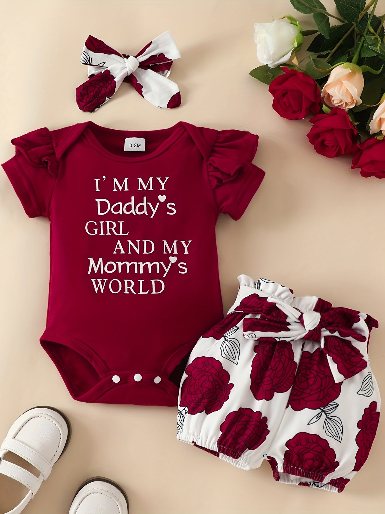 Baby Girl's "I'm My Daddy's Girl And My Mommy's World" Graphic Onesie & Floral Shorts & Headband Set