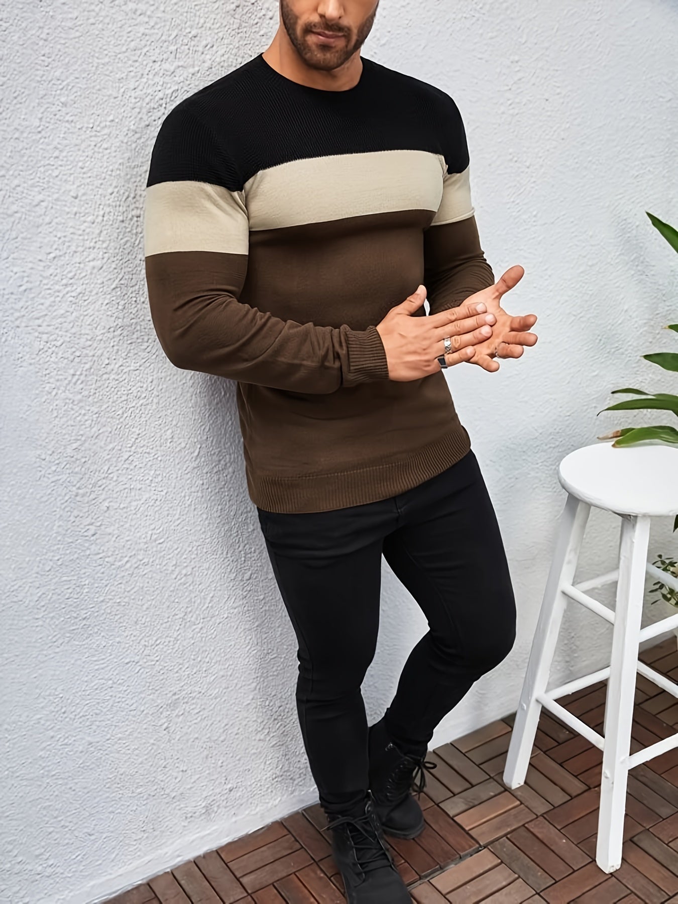 All Match Knitted Color Block Sweater, Men's Casual Warm High Stretch Crew Neck Pullover Sweater For Men Fall Winter