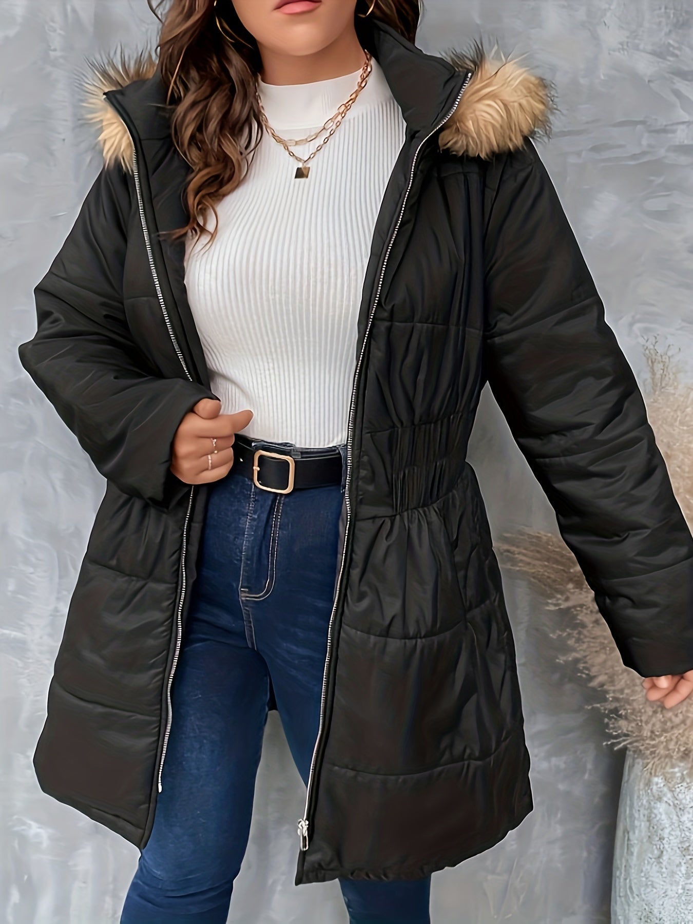 Plus Size Casual Winter Coat, Women's Plus Solid Quilted Fuzzy Trim Hooded Long Sleeve Hooded Nipped Waist Tunic Puffer Coat With Pockets