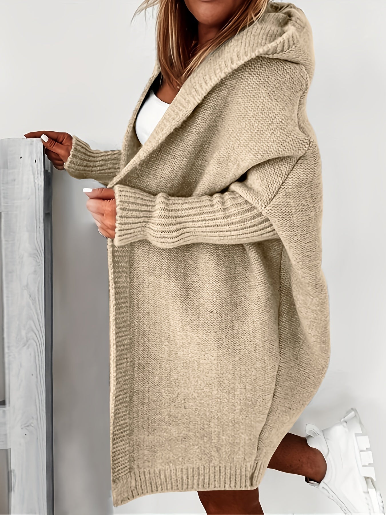 Oversized Hooded Knitted Cardigan, Long Sleeve Casual Sweater For Winter & Fall, Women's Clothing