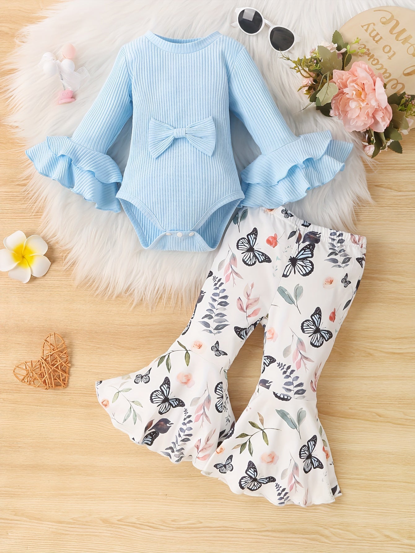 Baby Girl's Long Flared Sleeve Triangle Romper Top + Floral Print Flared Pants Set, Infant Fall Winter Outfit