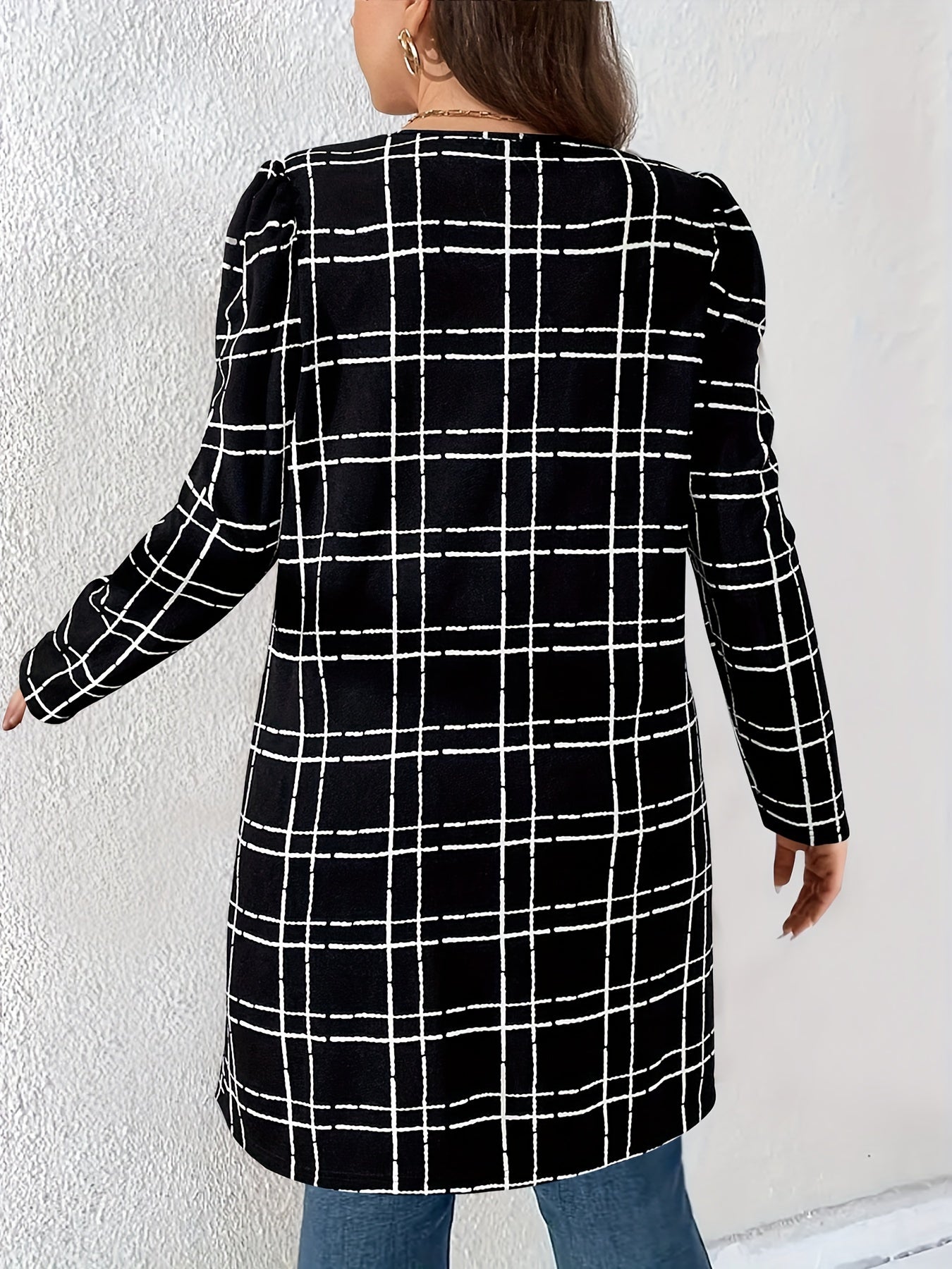 Plus Size Casual Coat, Women's Plus Grid Print Long Sleeve Open Front Round Neck Tunic Coat