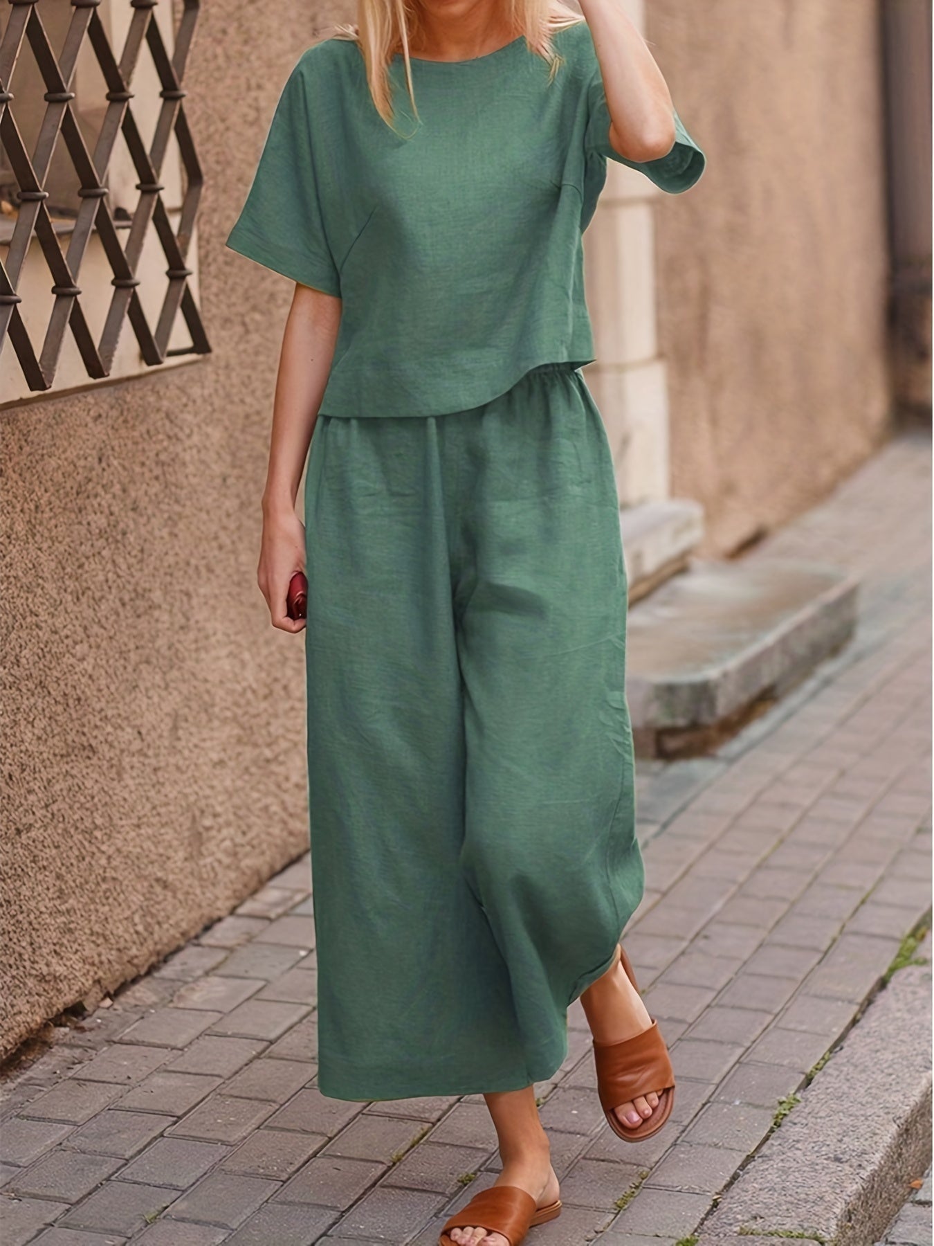 Women's Two-piece Set, Crew Neck Casual T-Shirt & Wide Leg Pants, Women's Clothing