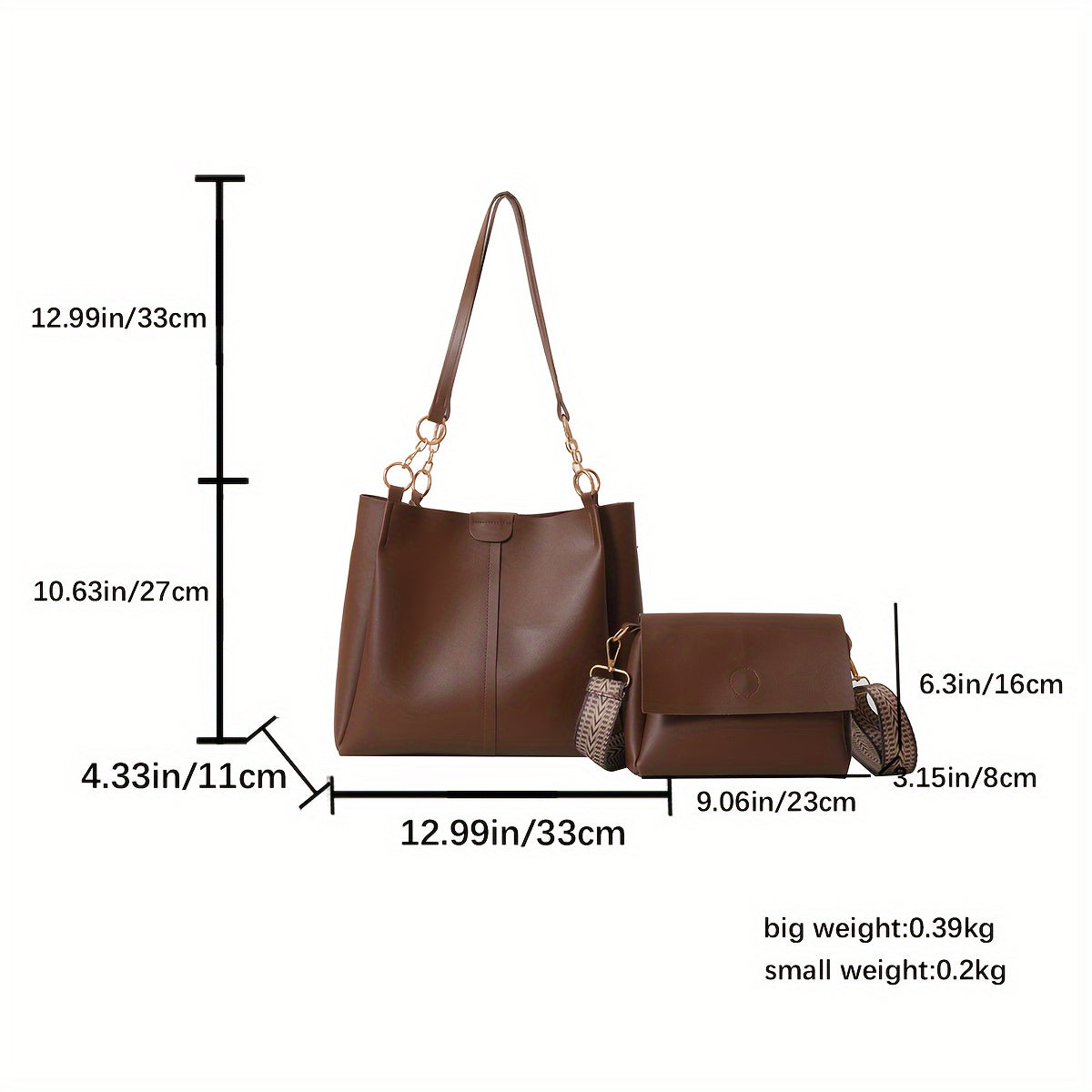 2pcs Trendy Solid Color Tote Bag Set, Fashion Chain Shoulder Bag With Wide Strap Crossbody Bag