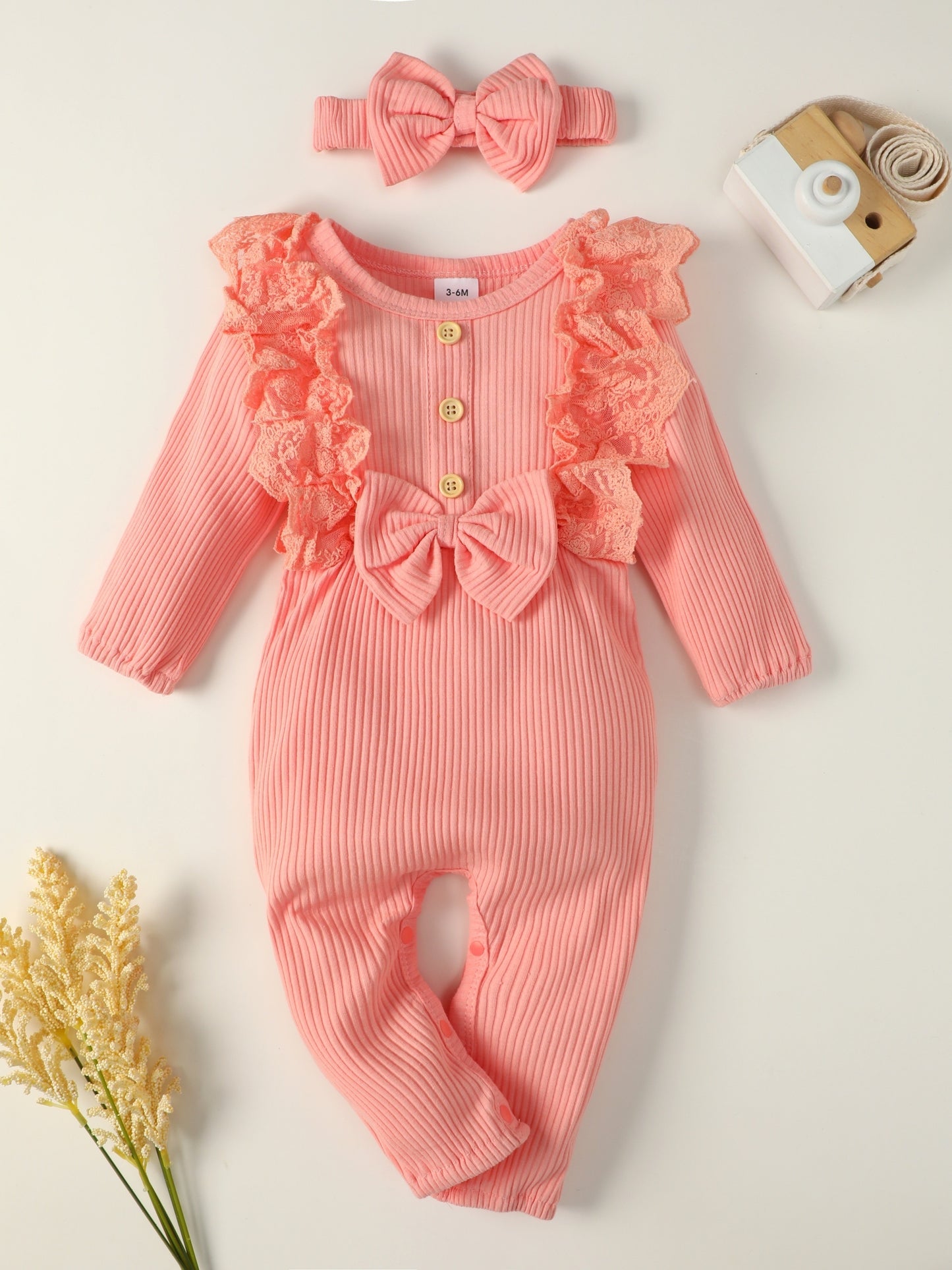 Casual & Cute Ruffle Long Sleeve Romper With Bowknot Decor & Headband Baby Girls 2pcs Set