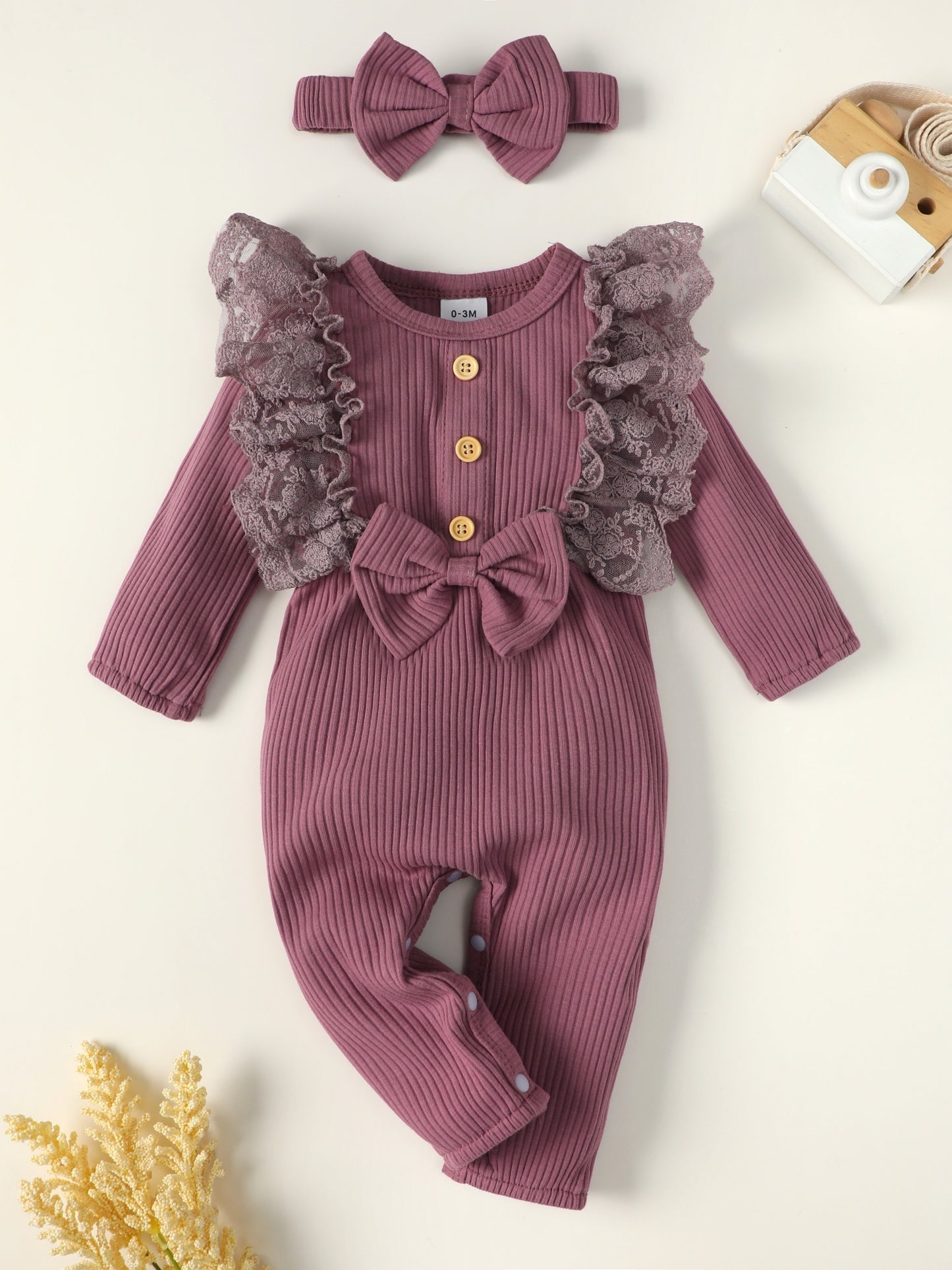 Casual & Cute Ruffle Long Sleeve Romper With Bowknot Decor & Headband Baby Girls 2pcs Set