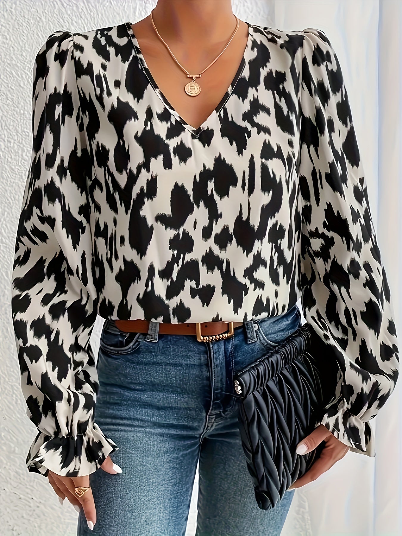 All Over Pint V Neck Blouse, Elegant Long Sleeve Ruffle Trim Blouse, Women's Clothing