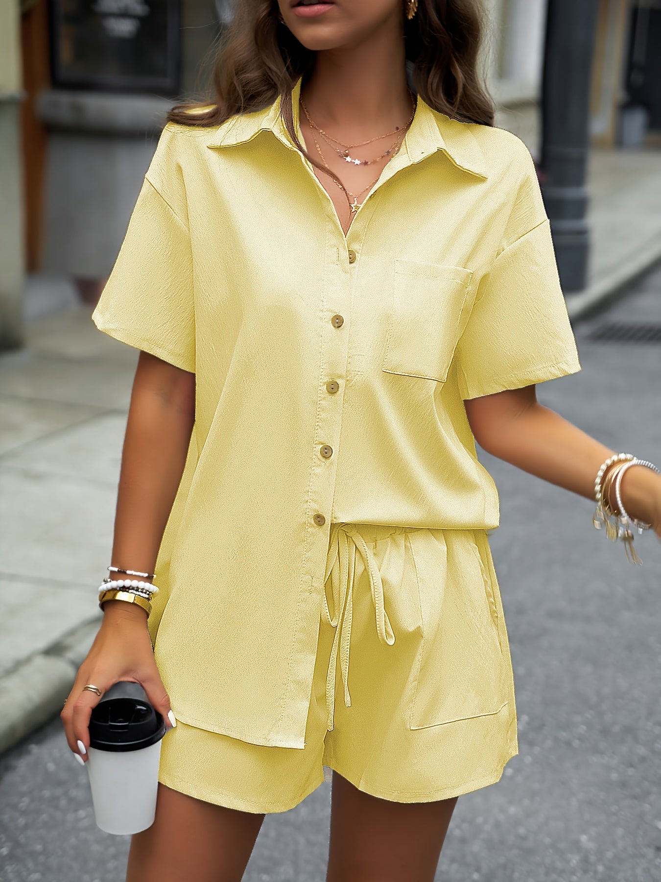 Solid Casual Two-piece Set, Button Front Turn Down Collar Mid Length Shirt & Drawstring Elastic Waist Shorts Outfits, Women's Clothing