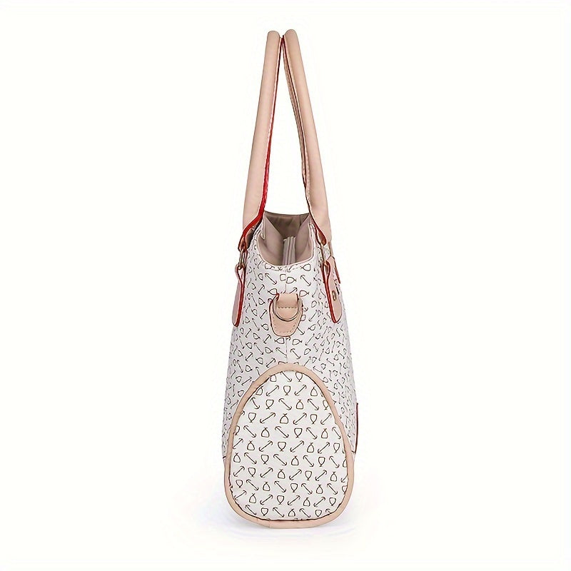 6pcs Geometric Pattern Tote Bag Set, Fashion Faux Leather Handbag & Crossbody Bag & Clutch Wallet & Wristlet & Key Case