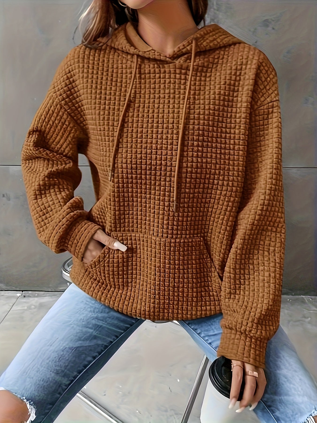 Plus Size Casual Sweatshirt, Women's Plus Solid Waffle Knit Long Sleeve Drawstring Hoodie With Kangaroo Pockets