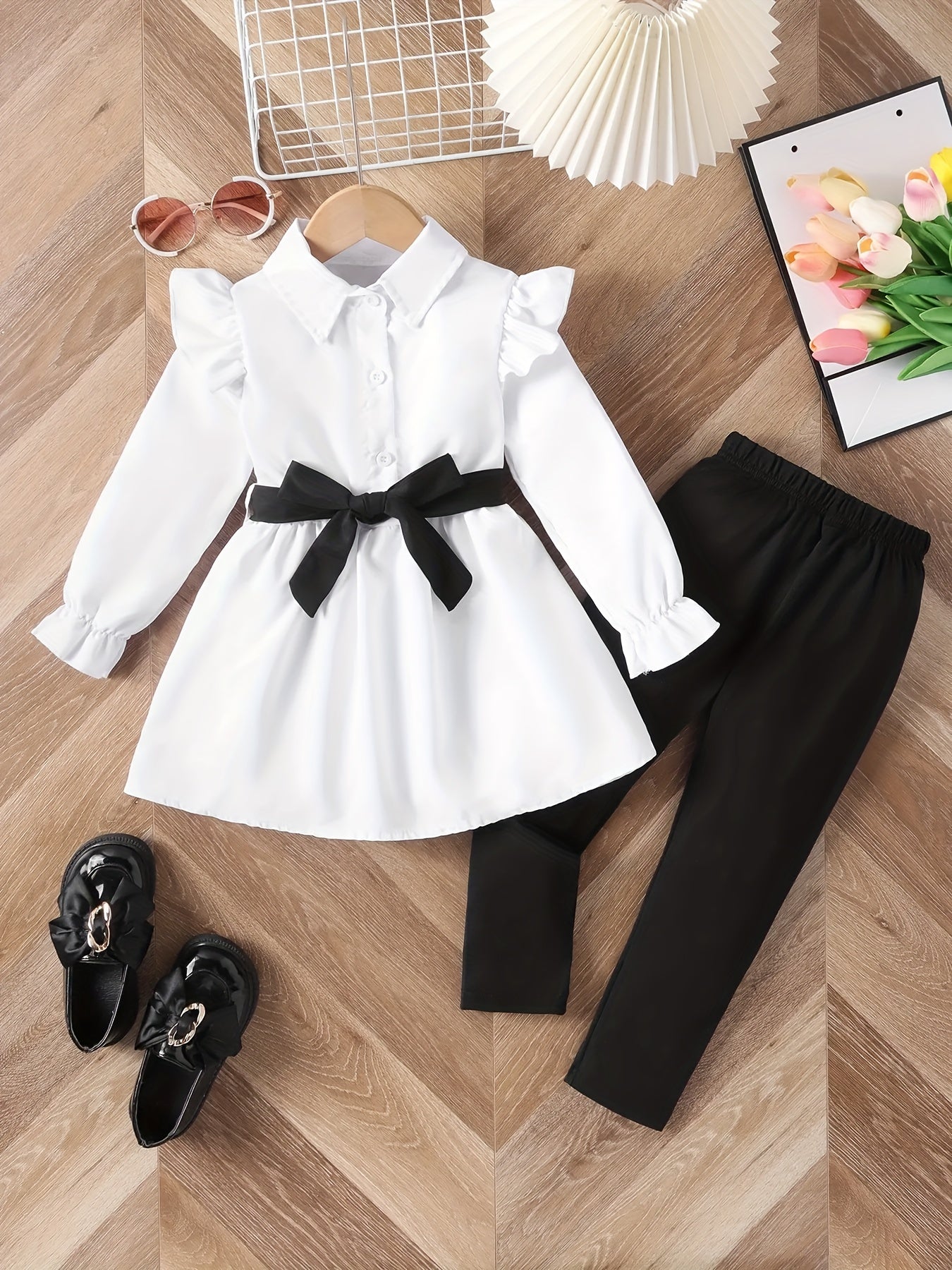 Girl's 2pcs Long Sleeve Shirt With Belt & Pants Set, Ruffle Decor Trendy Casual Outfits, Kids Clothes For Spring Fall