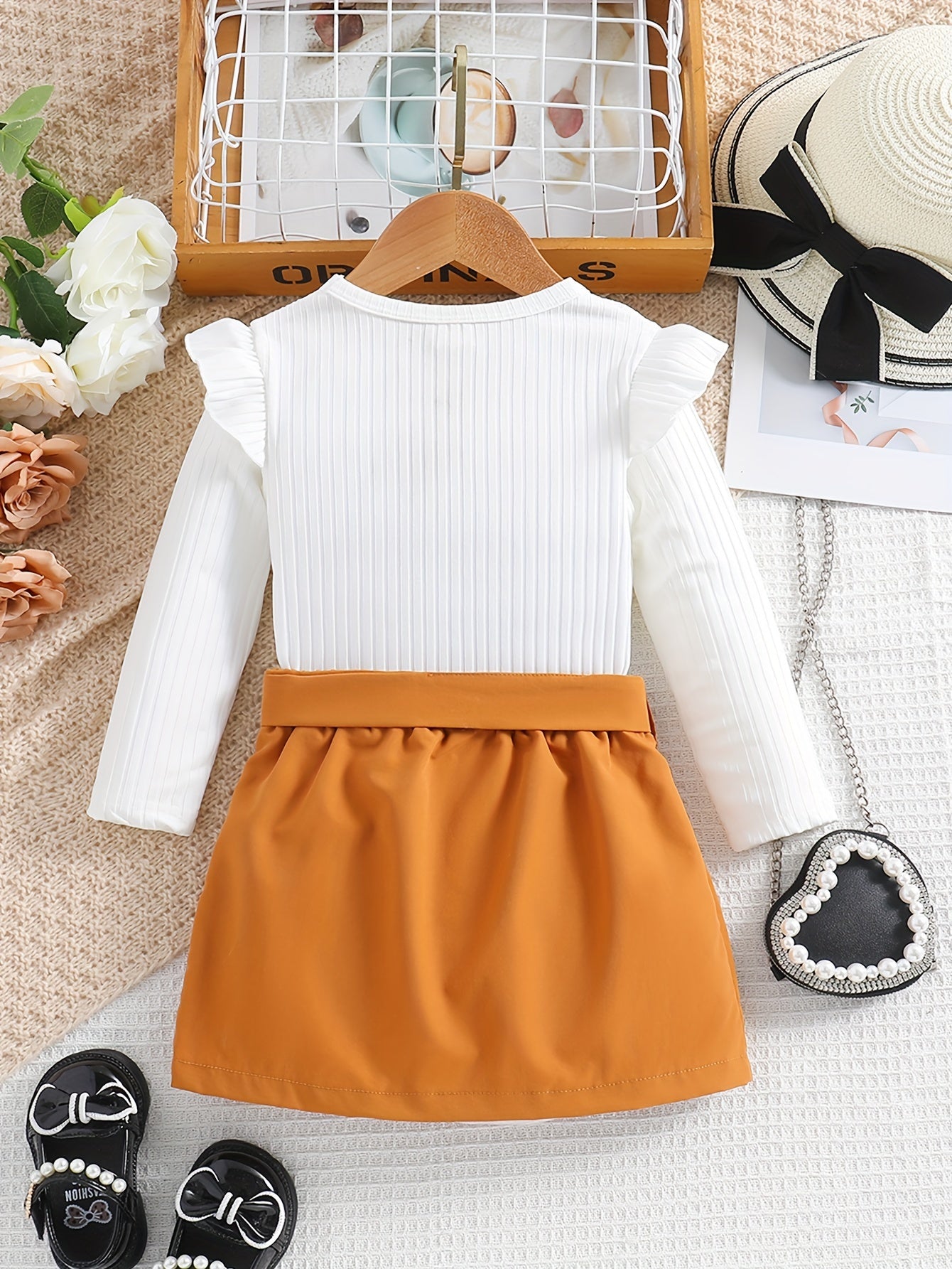 Baby Girl's Ribbed Knit Ruffle Long Sleeve Romper + Belted Pocket Skirt Set, Bodysuit Onesie Outfit, Newborn's Clothes