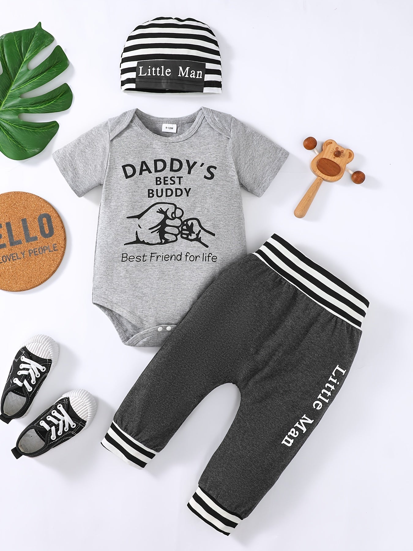 3pcs Baby Boys Cute "Daddy's Best Buddy/LIL KING/LIL BRO" Short Sleeve Onesie Romper & Pants & Hat Set, Kids Clothes