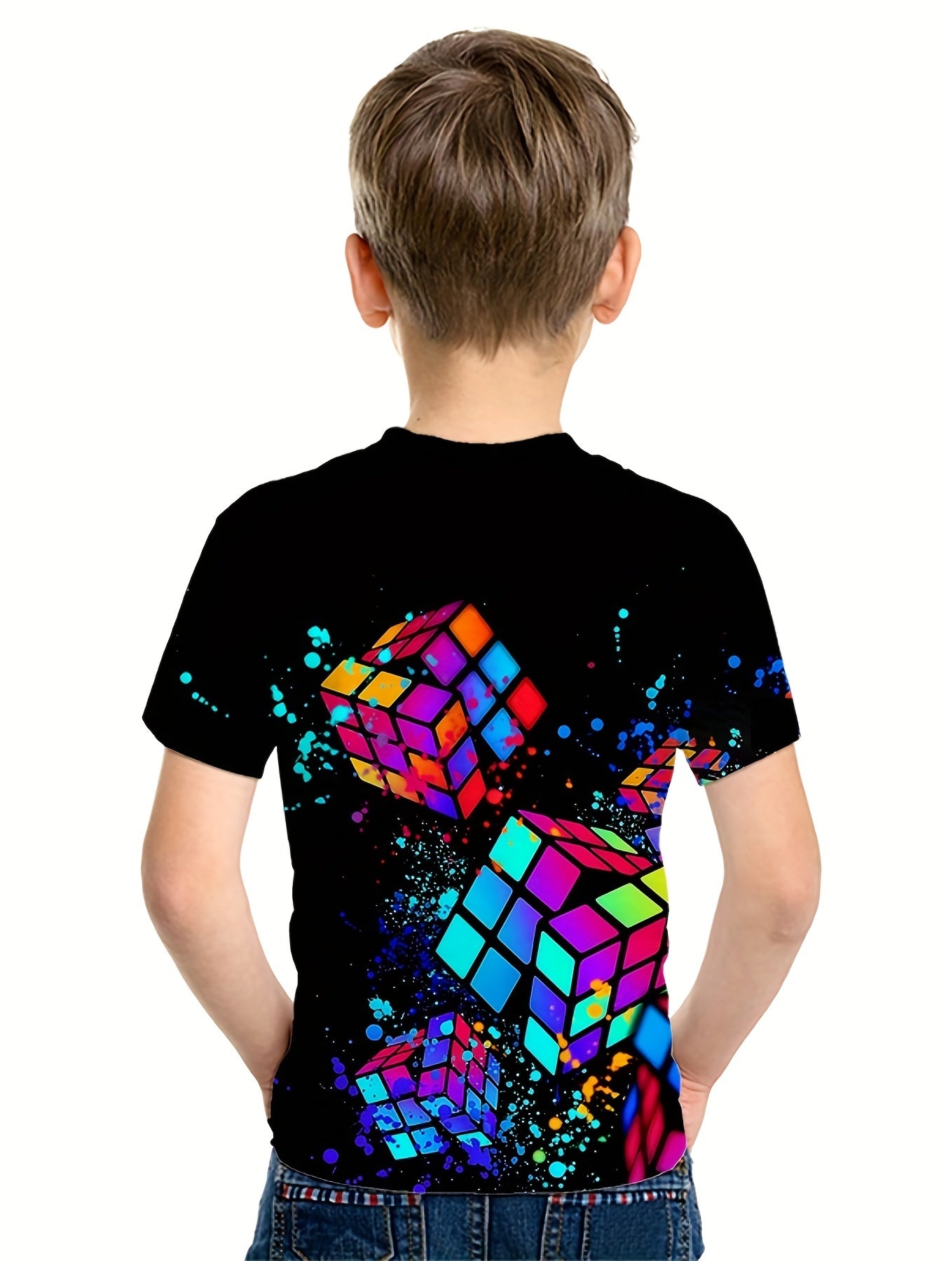 Boys And Girls Magic Cubic 3D Print Trendy T-shirt, Kids Cool Hip Hop Street Sports Casual Tops, Stylish Street Wear