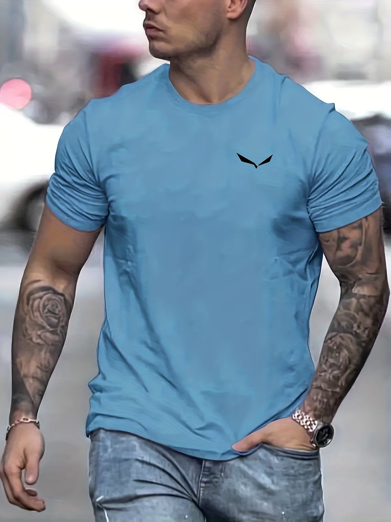 Bird Print T-shirt, Men's Casual Street Style Slightly Stretch Round Neck Tee Shirt For Summer Fall