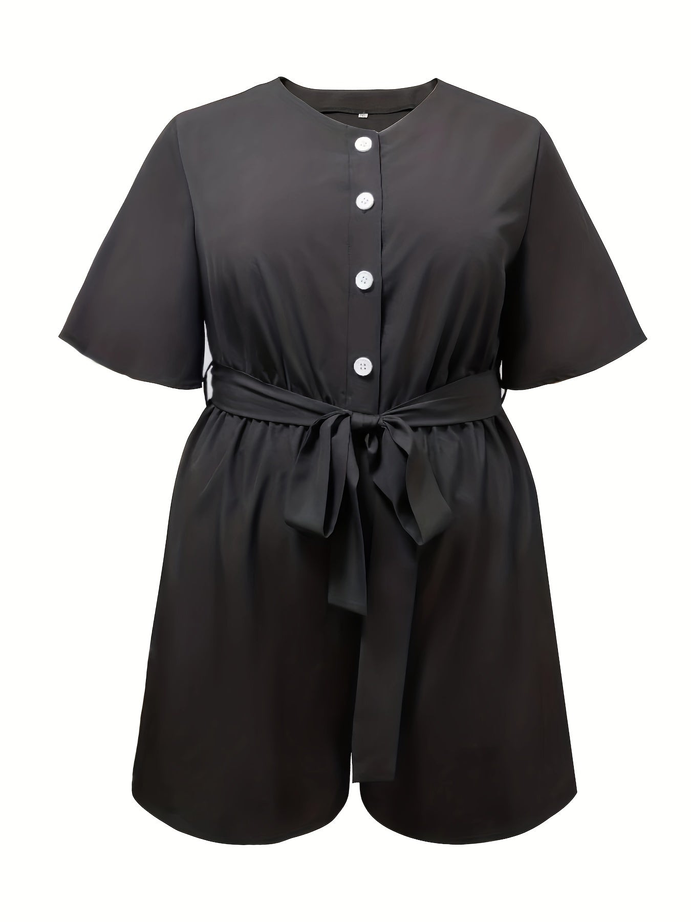 Plus Size Casual Romper, Women's Plus Solid Button Up Short Sleeve V Neck Romper With Pockets & Belt