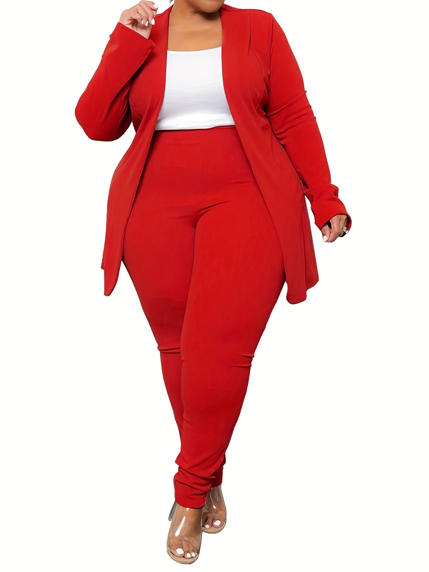 Plus Size Casual Outfits Set, Women's Plus Solid Long Sleeve Open Front Top & Leggings Outfits Two Piece Set