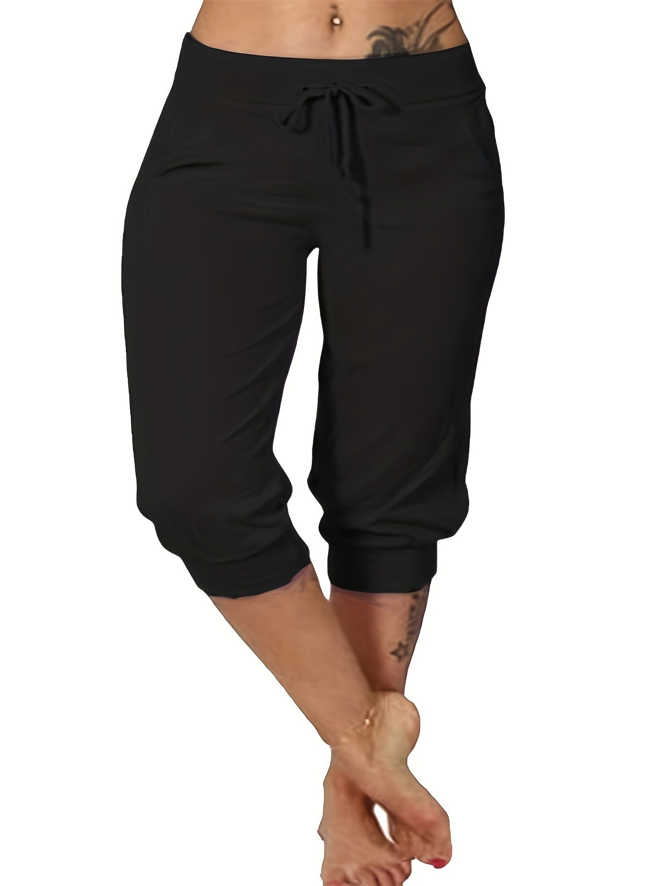 Plus Size Casual Pants, Women's Plus Solid Drawstring Slight Stretch Capri Pants