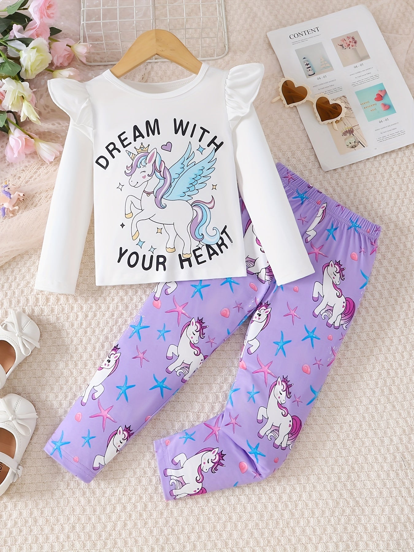Toddler Girl's 2pcs, Long Sleeve Top & Pants Set, Unicorn Starfish Print Ruffle Decor Casual Outfits, Kids Clothes For Spring Fall
