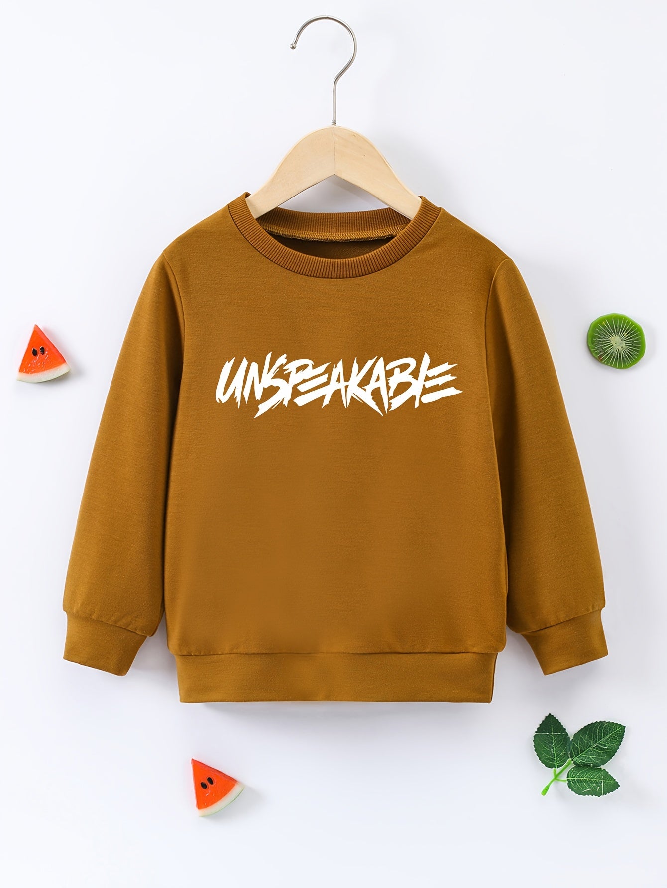 Trendy UNSPEAKABLE Letter Print Boys Casual Creative Pullover Sweatshirt, Long Sleeve Crew Neck Tops, Kids Clothing Outdoor