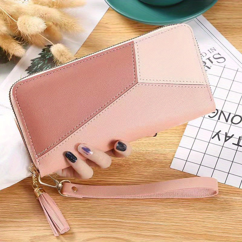 Women's Colorblock Long Wallet, Zipper Around Coin Purse, Classic Purse With Wristband