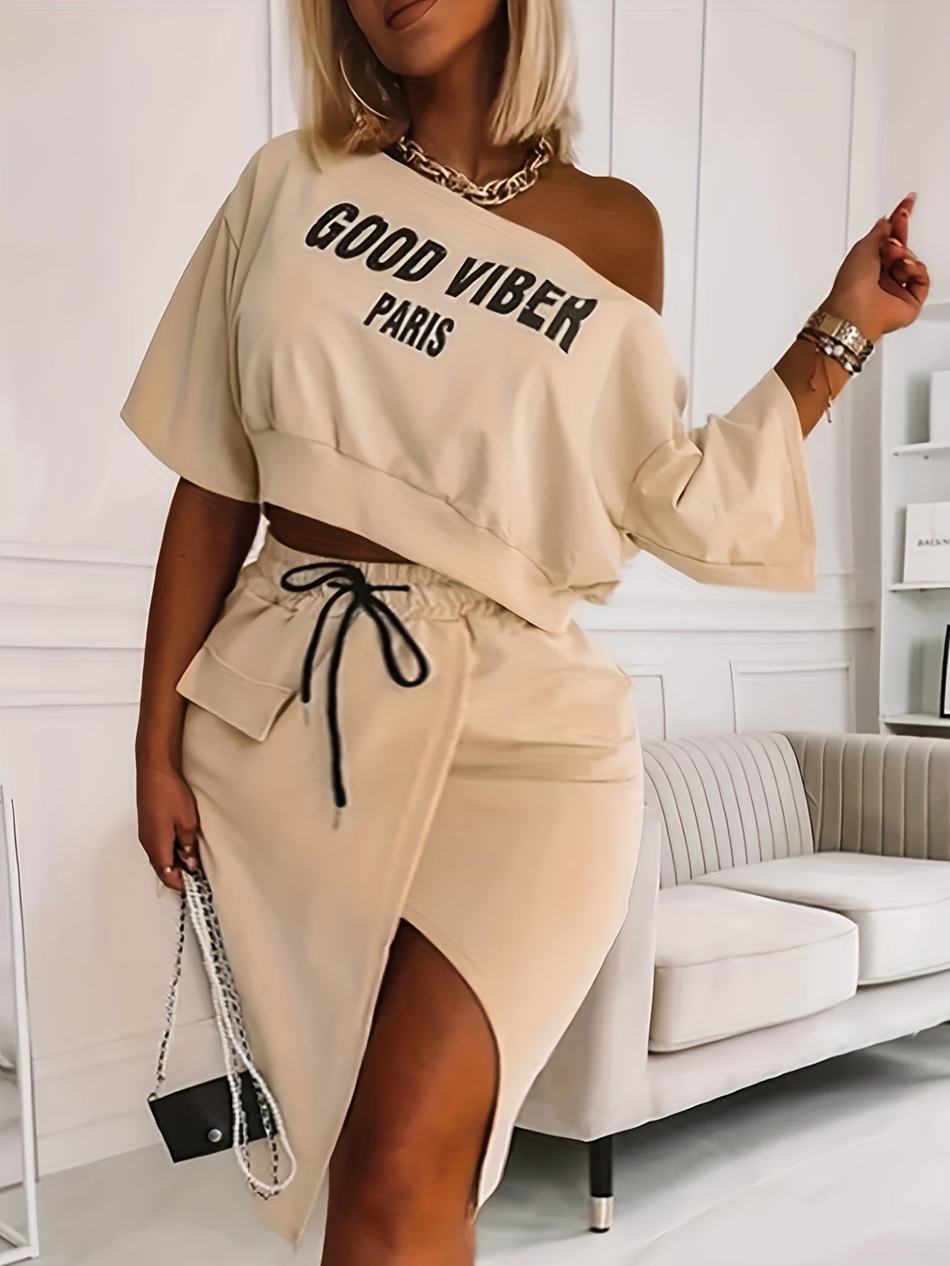 Plus Size Casual Outfits Two Piece Set, Women's Plus Letter Print One Shoulder Short Sleeve Top & Drawstring Split Hem Knee Length Skirt Outfits 2 Piece Set