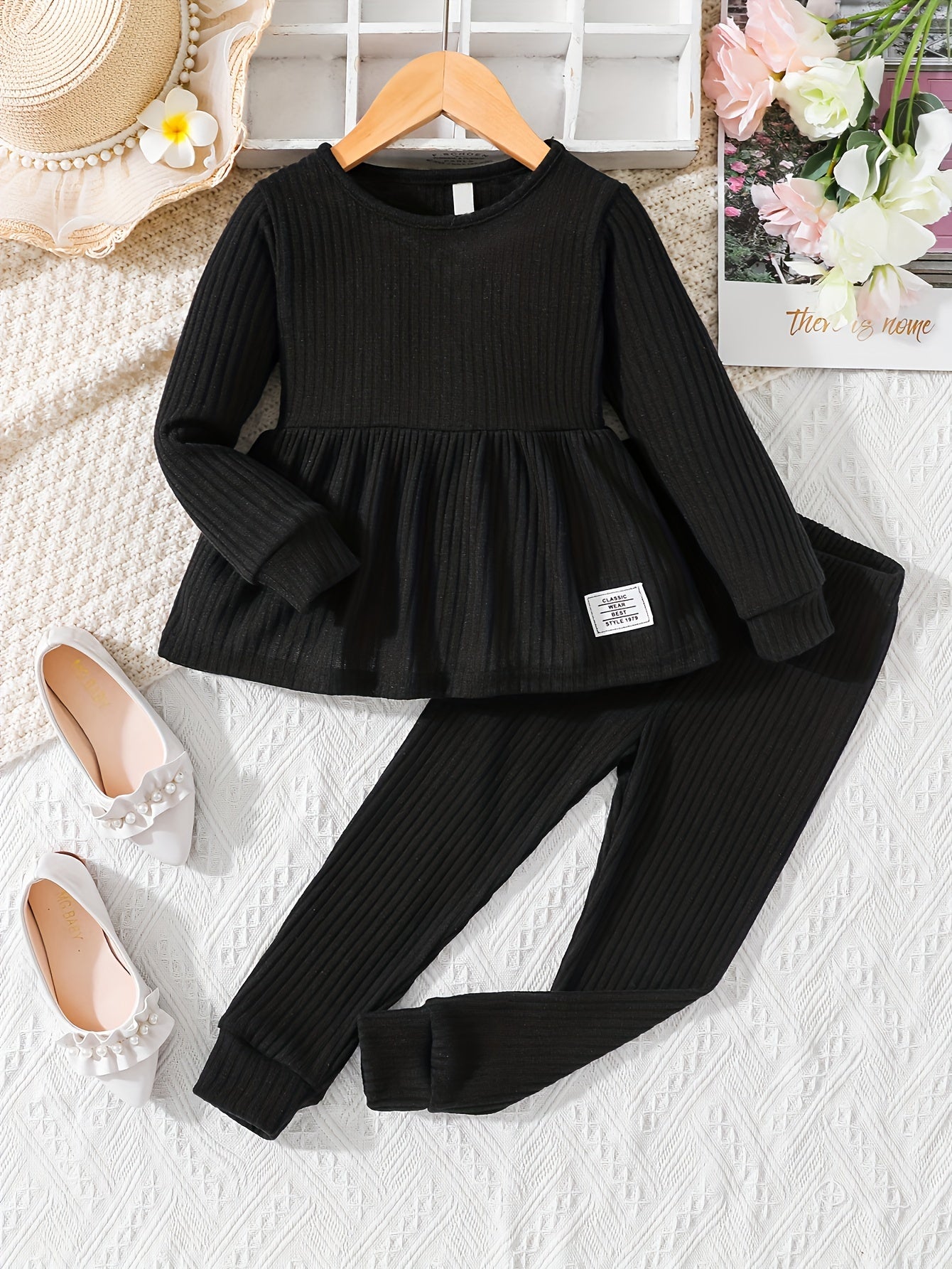 Girls 2pcs Ruffle Decor Top & Elastic Waist Pants Solid Color Patched Ribbed Crew Neck Long Sleeve Pullover Top Casual Kids Clothes Spring Fall
