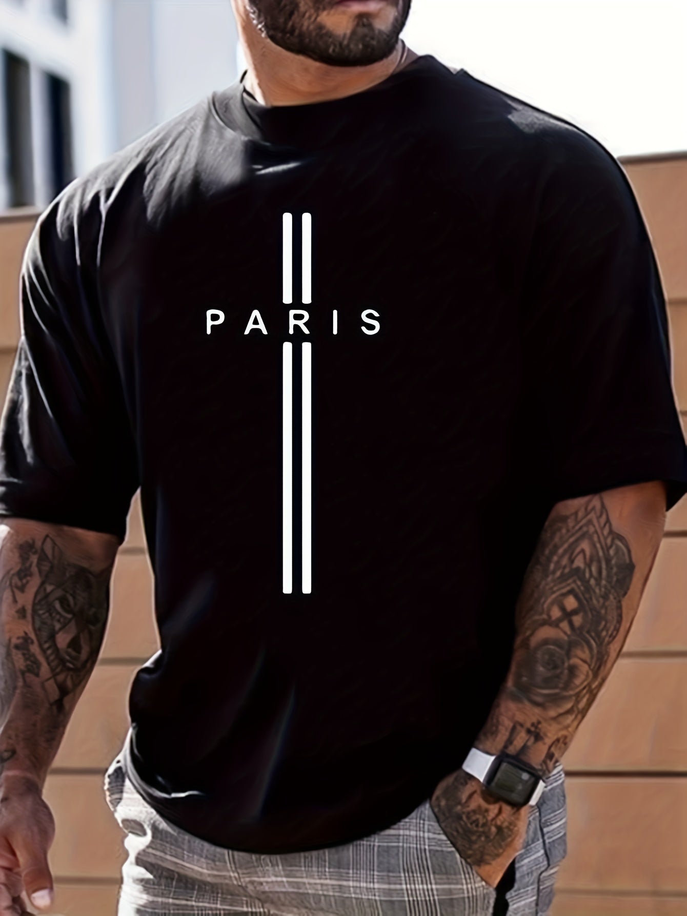 Paris Print, Men's Graphic Design Crew Neck T-shirt, Casual Comfy Tees Tshirts For Summer, Men's Clothing Tops For Daily Vacation Resorts