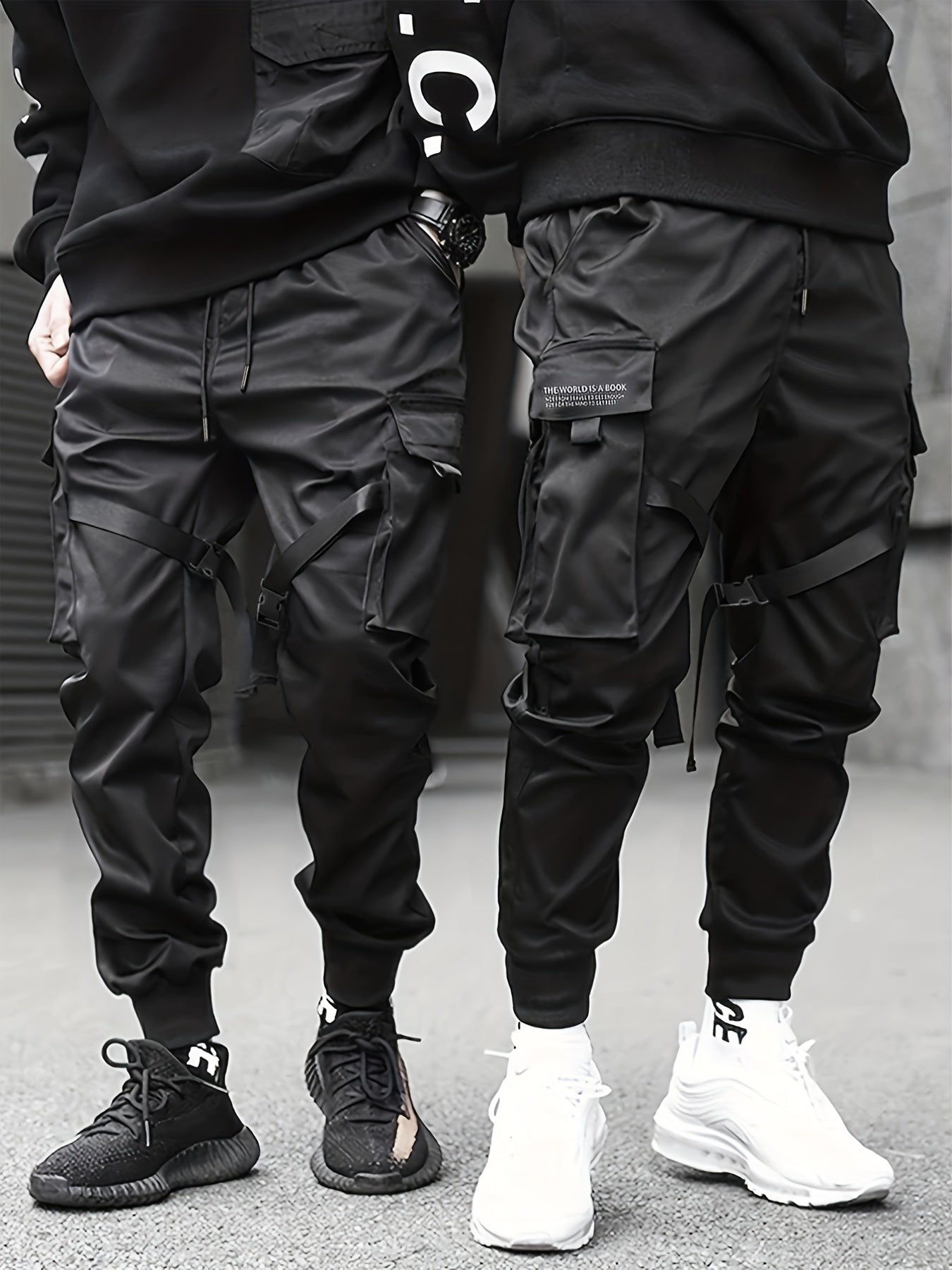 Classic Design Multi Flap Pockets Cargo Pants,Men's Loose Fit Drawstring Kpop Cargo Pants，For Skateboarding,Street,Outdoor Camping