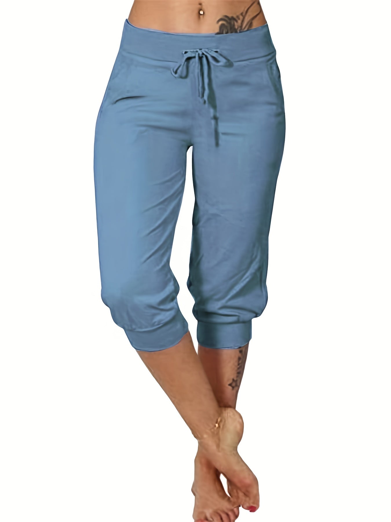 Plus Size Casual Pants, Women's Plus Solid Drawstring Slight Stretch Capri Pants