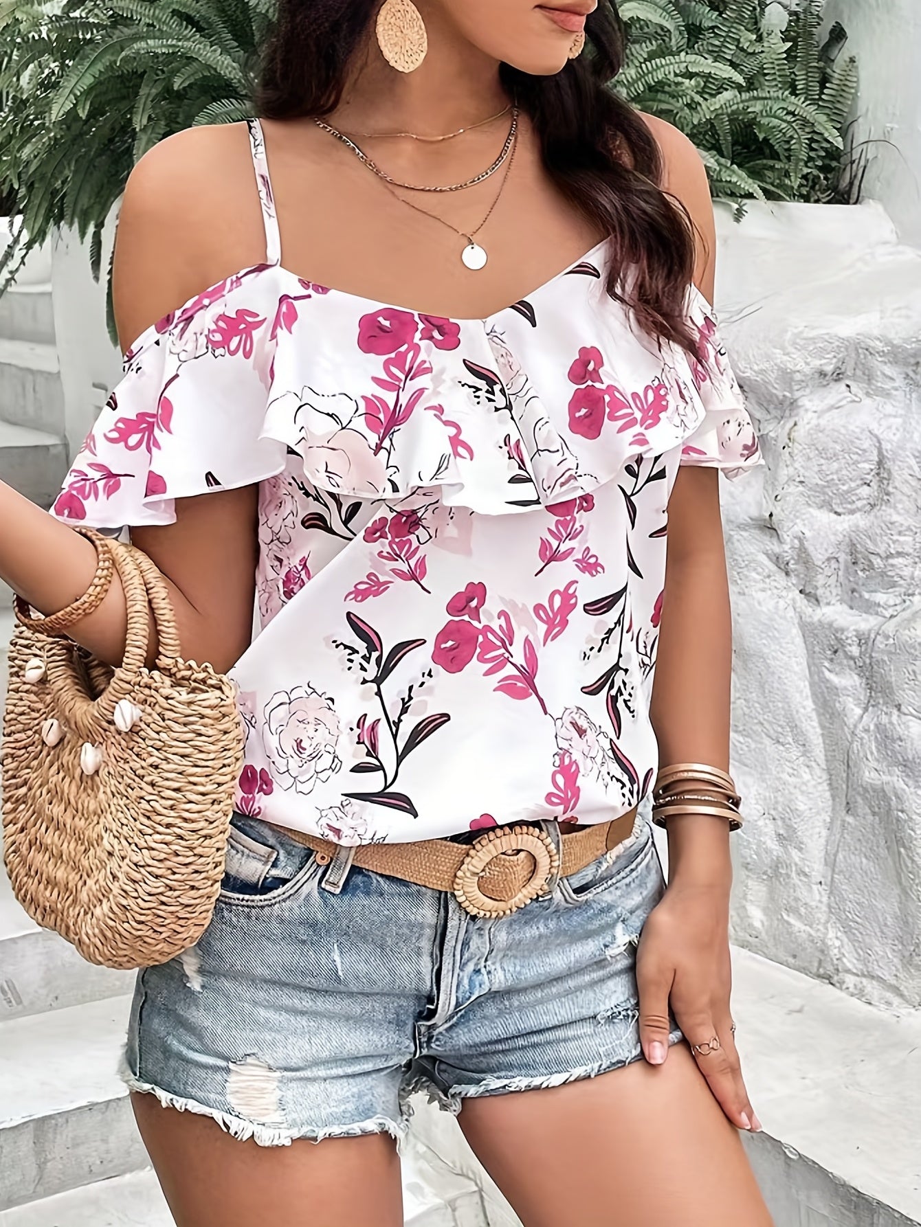 Boho Floral Print Spaghetti Blouse , Vacation Cold Shoulder Ruffle Trim Summer Tops , Women's Clothing