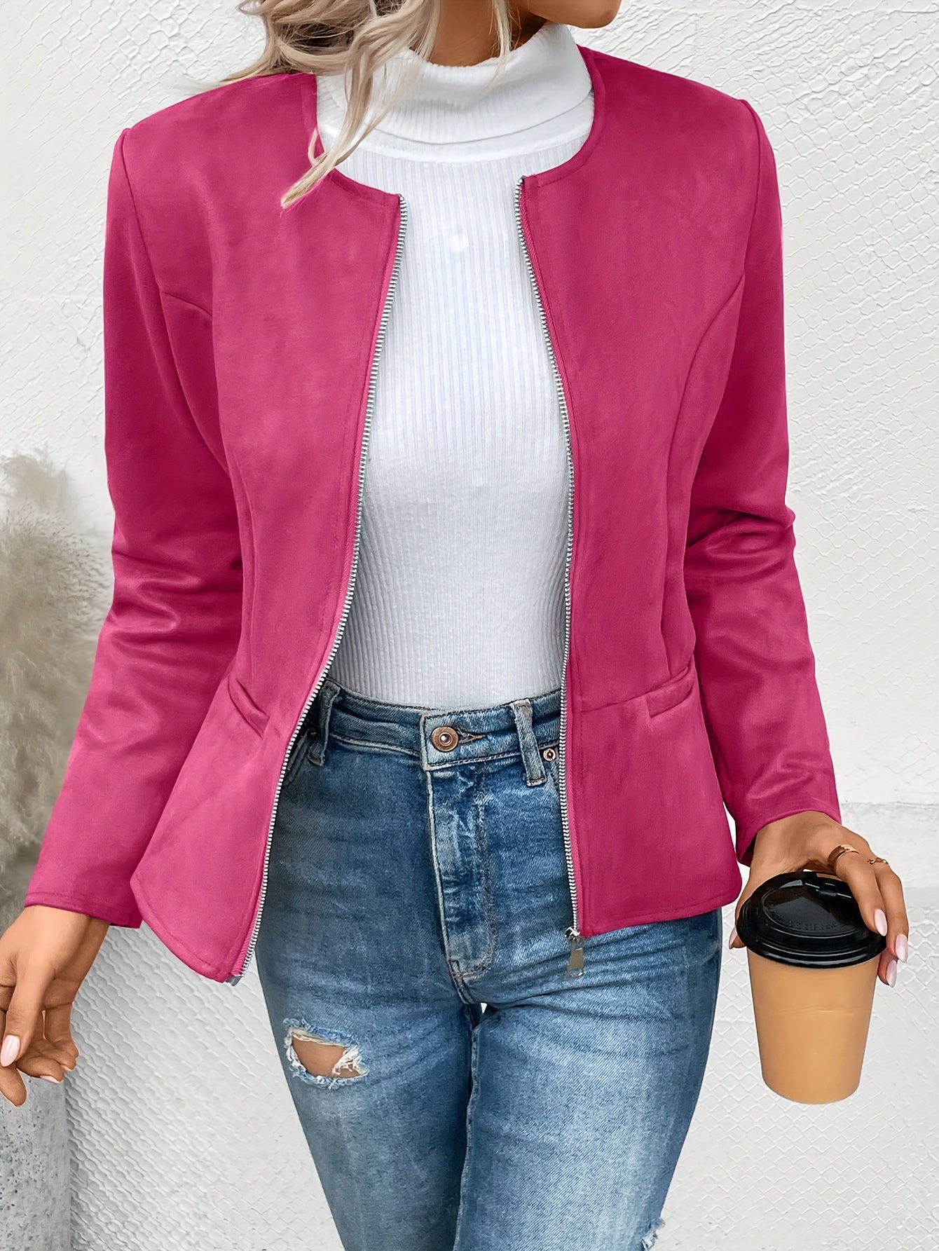 Solid Zip Up Jacket, Casual Long Sleeve Crew Neck Outerwear For Spring & Fall, Women's Clothing