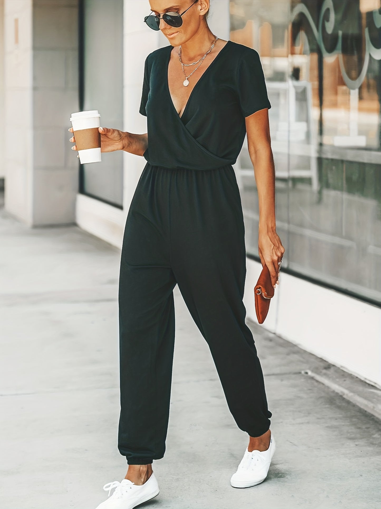 Solid Ruched Cinched Waist Jumpsuit, Casual Short Sleeve Surplice Neck Jumpsuit, Women's Clothing